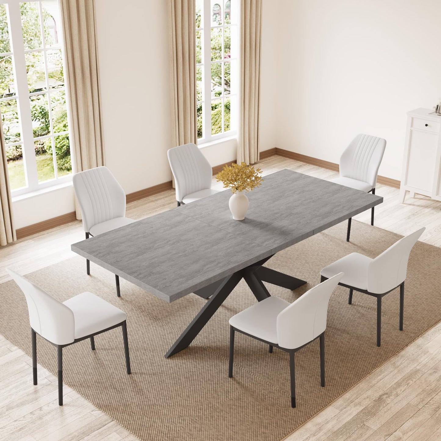 Mesa de comedor moderna ZckyCine para 6-8 personas, rectangular, expandible y ahorradora de espacio, con marco de metal (mesa gris + 6 sillas blancas)