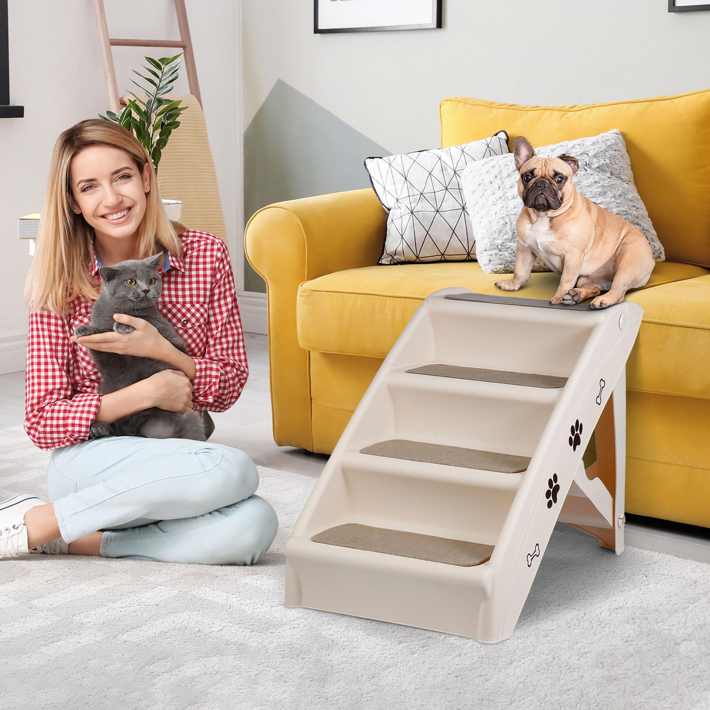 Pet Dog Stairs Foldable Nonslip Dog Steps for Small Pet Dogs Cats at Home and Vehicle Dog Ramp Ladder for High Beds Sofa (Tan)