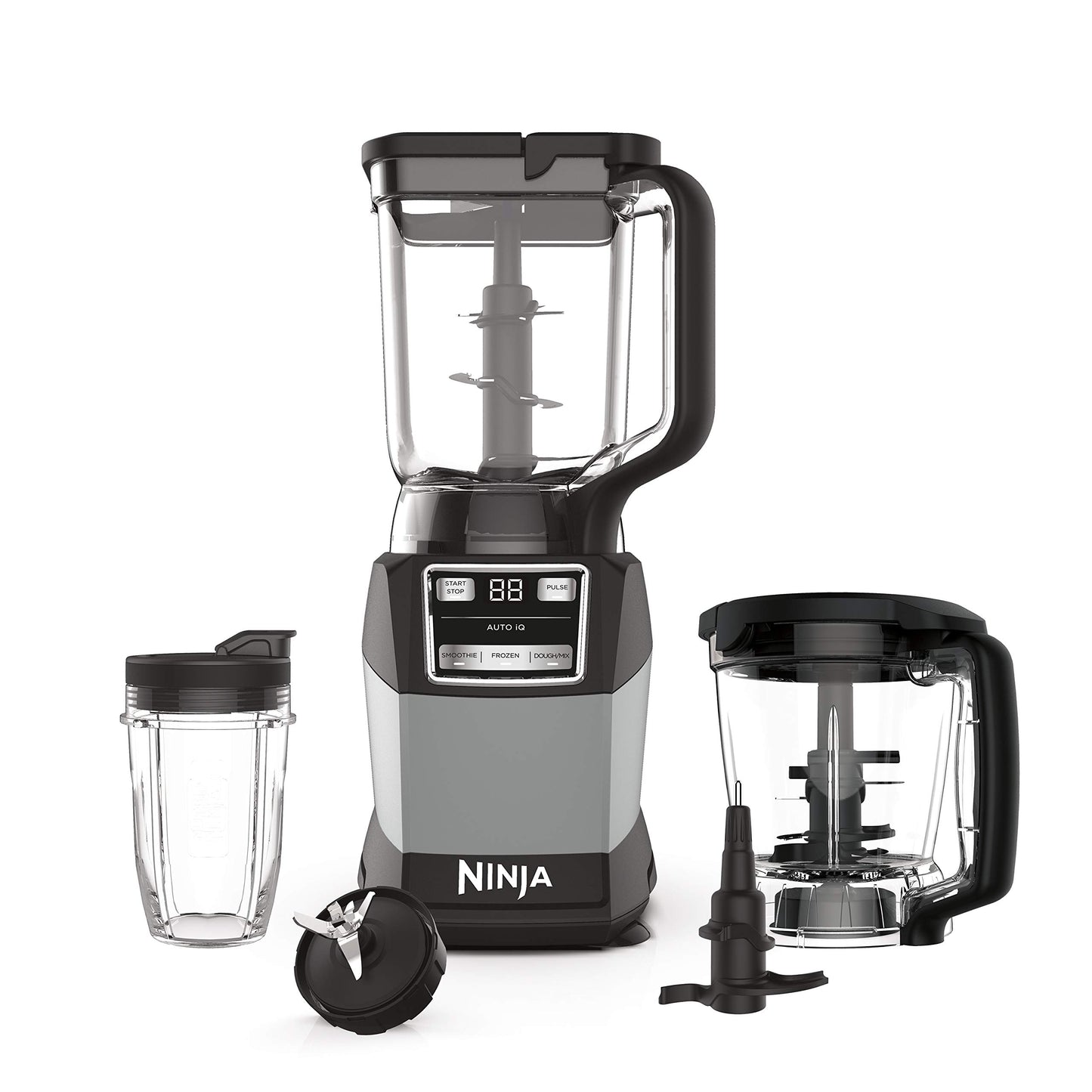 Sistema de cocina compacto Ninja AMZ493BRN, 1200 W, 3 funciones para batidos, masas y bebidas congeladas con Auto-IQ, jarra de licuadora de 72 oz*, tazón de procesador de 40 oz y taza individual de 18 oz, gris