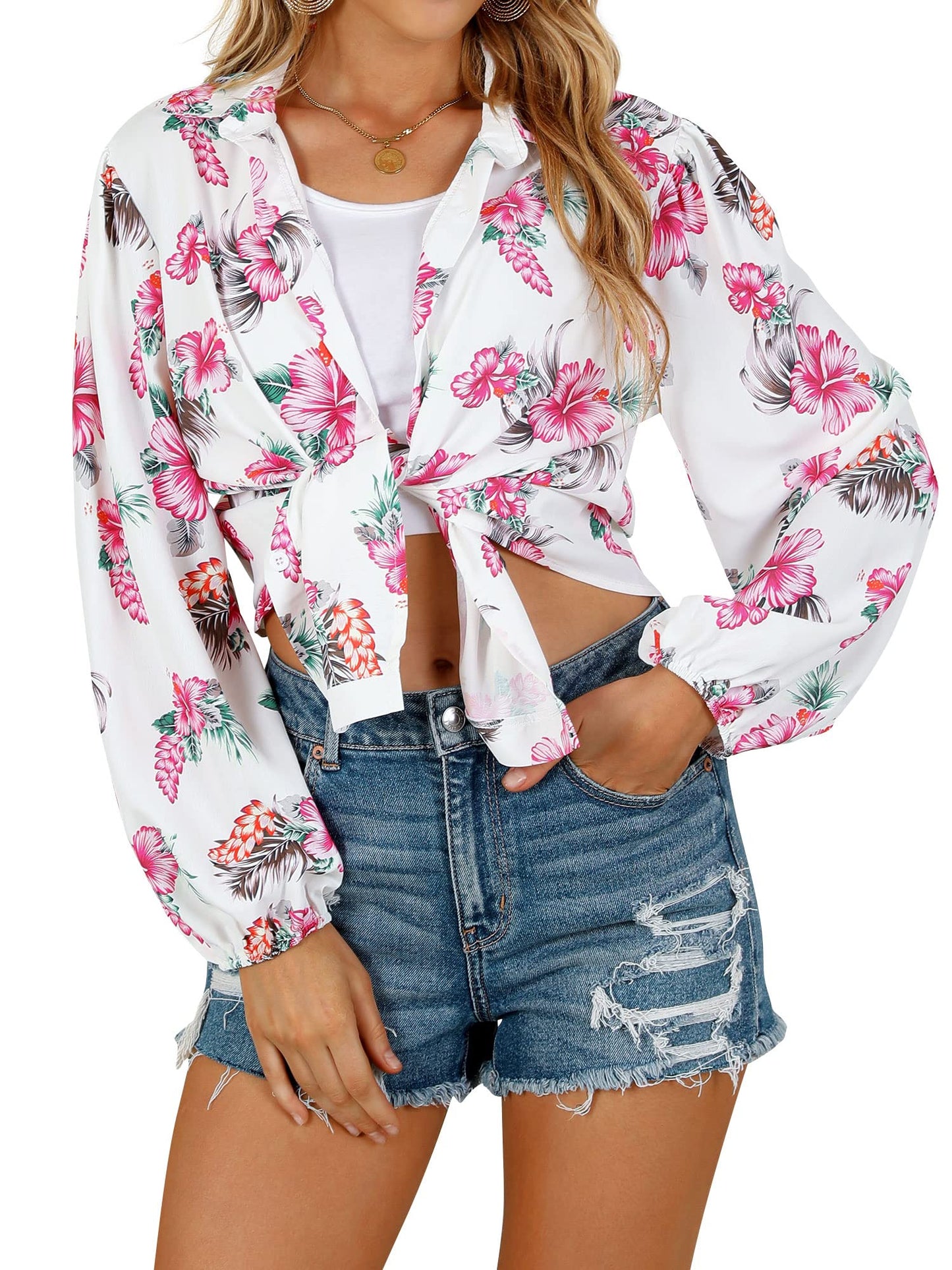 ZXZY Blusa hawaiana con botones y estampado floral suave y elegante para mujer, estilo tropical, color rosa