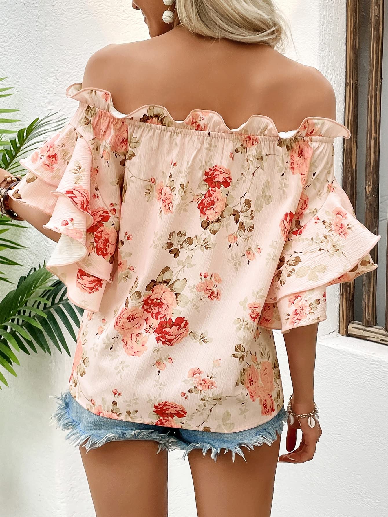 Blusa con estampado floral para mujer de SOLY HUX, hombros descubiertos, ribete con volantes, media manga, blusa de verano, estampado floral rosa mediano