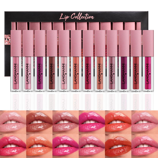 LANGMANNI 12Pcs Lip gloss Collection Makeup Set, Shiny Smooth Soft Liquid Lip Glosses Lip Stain With Rich Varied Colors For Girls And Women Makeup (Glossy-A)