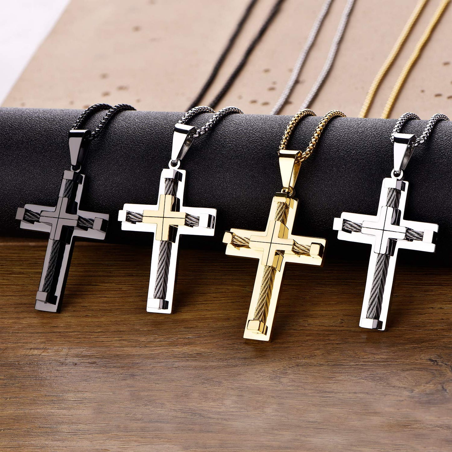 YL Cross Necklace Stainless Steel Crucifix Pendant 24'' Rolo Chain 18K White Gold/Gold Jewelry for Men