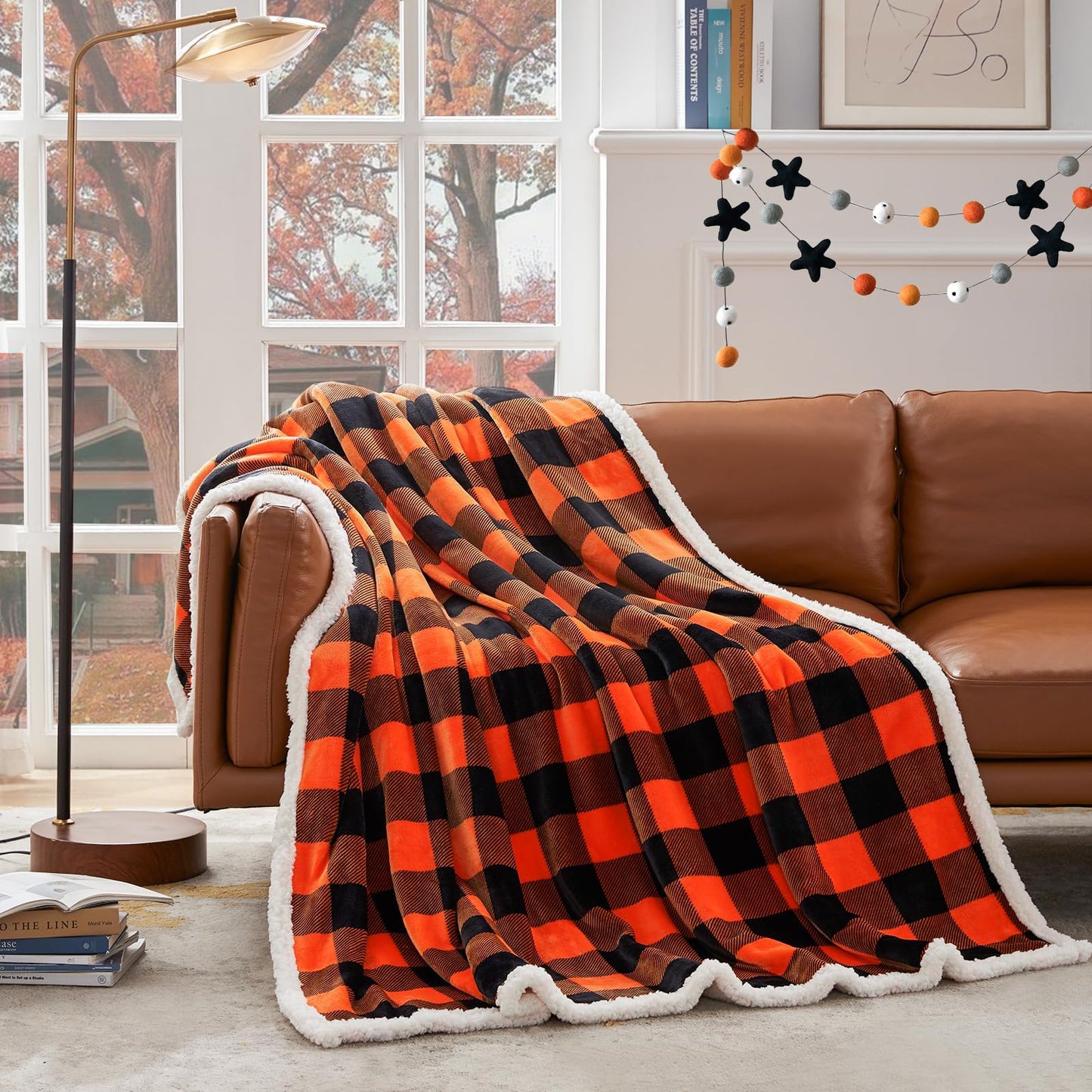 Touchat Sherpa Orange Buffalo Plaid Halloween Twin Blanket, Fall Fuzzy Fluffy Soft Cozy Blanket, Fleece Flannel Plush Microfiber Blanket for Couch Bed Sofa,Halloween Decor(60" X 70")