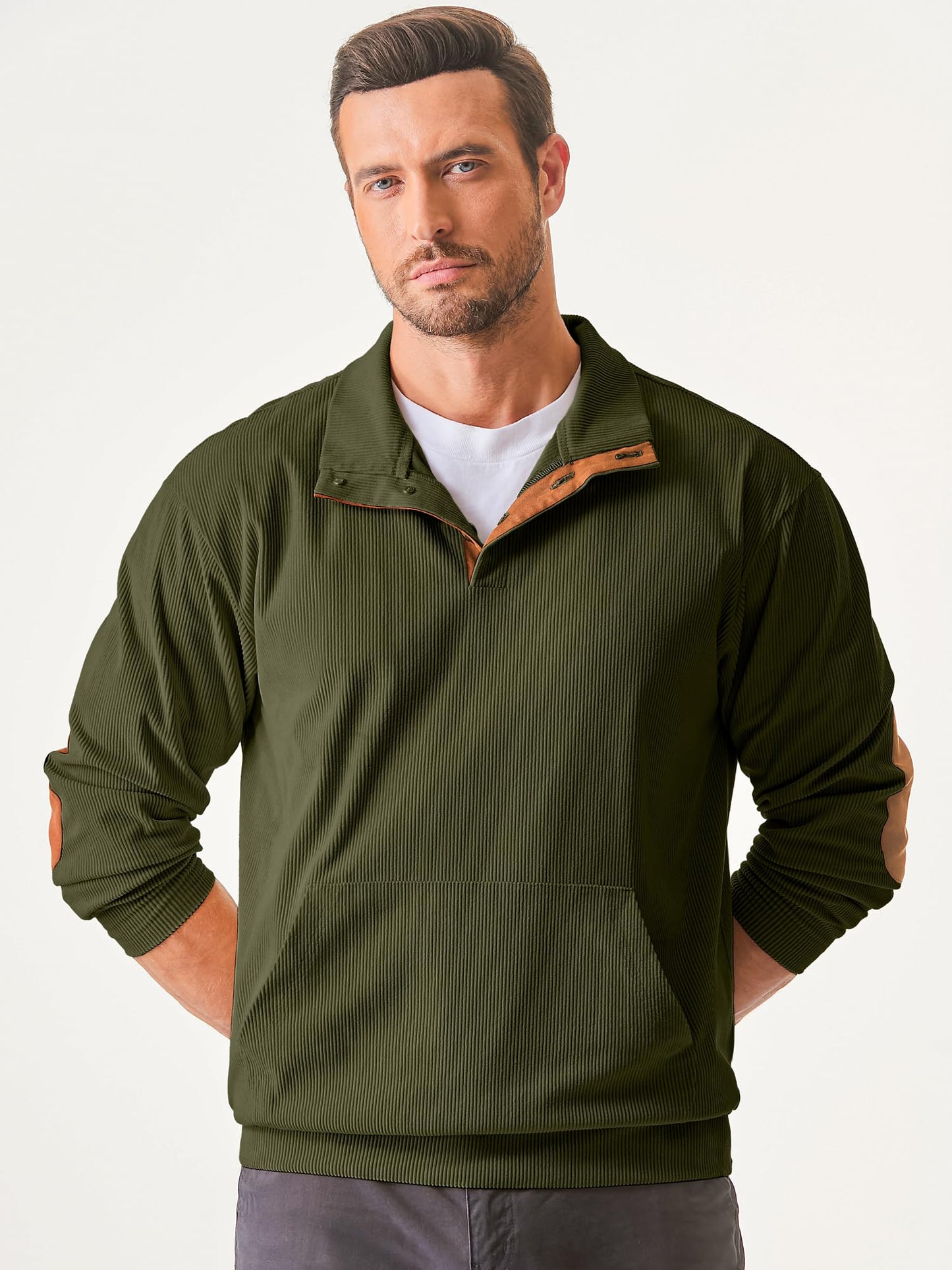 JMIERR Sweatshirts for Men Long Sleeve 1/4 Button Corduroy Collared Pullovers Sweaters Fall Fashion Clothing with Pockets, 2XL, Jungle Green