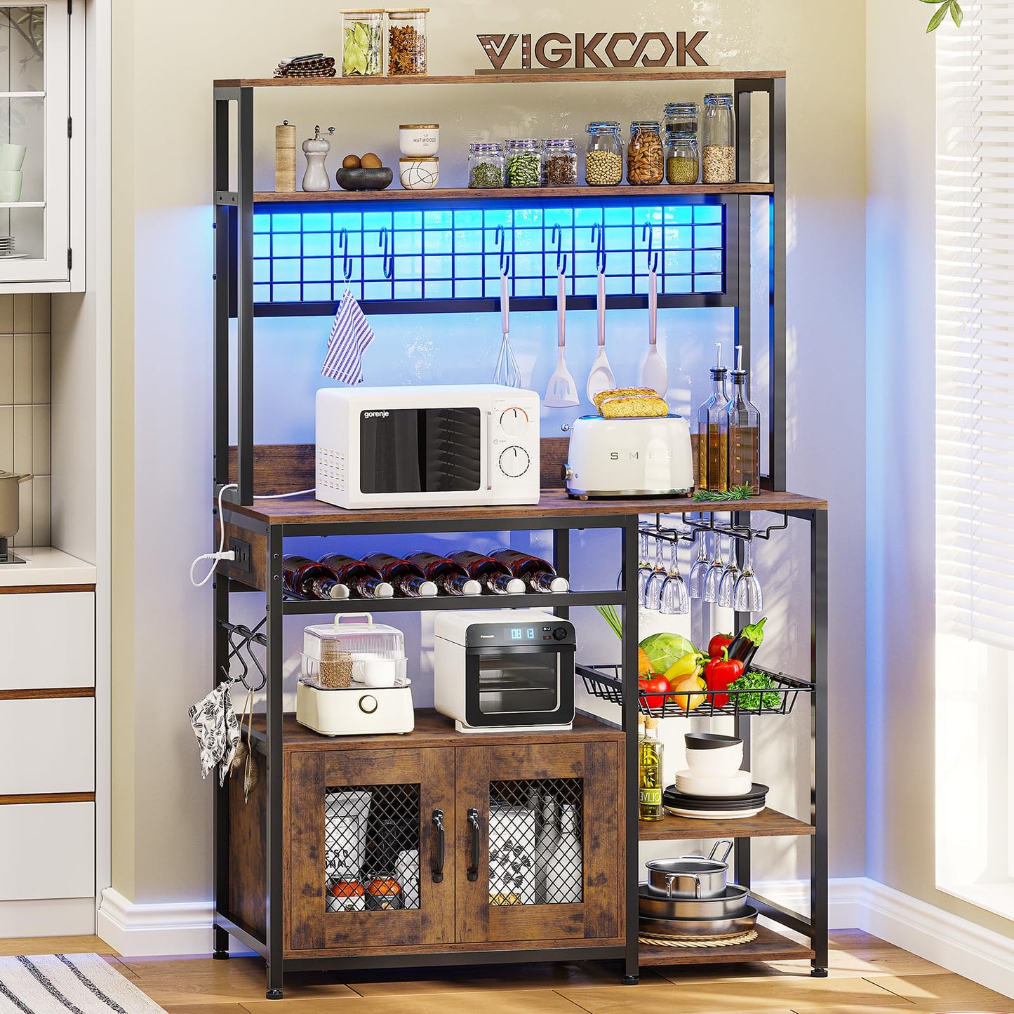 VIGKOOK Kitchen Bakers Rack with Storage Shelves, Microwave Stand with Power Outlet and LED Light, Coffee Bar Cabinet Wire Basket Metal Grid Wine Rack Goblet Holder Hooks (Rustic Brown)