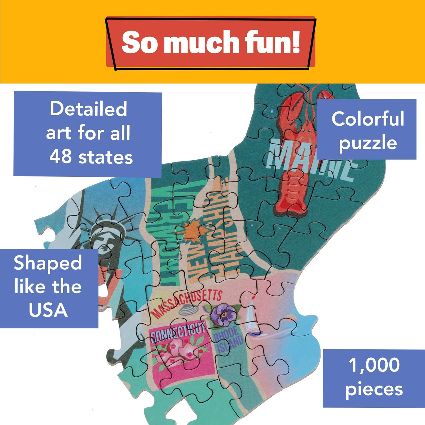 TDC Games US Map Puzzle Great American Roadtrip with Individual States, 1000 Piece Jigsaw Puzzle for Kids and Adults, Large America Shaped Educational Puzzle, Challenging Puzzle Map of USA