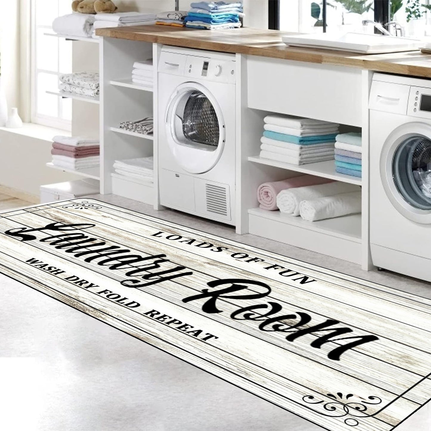 Laundry Room Rug Non Slip Floor mats Farmhouse Large Laundry Rugs for Laundry Room Mat Washer and Dryer Carpet Laundry Room Decor 20x47inch(White)