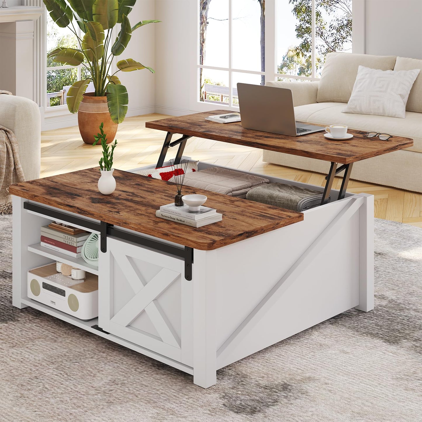 SEDETA Mesa de centro elevable de 31,5" con espacio de almacenamiento, mesa de centro cuadrada para sala de estar, mesa de centro estilo granja con compartimento de almacenamiento oculto grande y estantes ajustables, color blanco