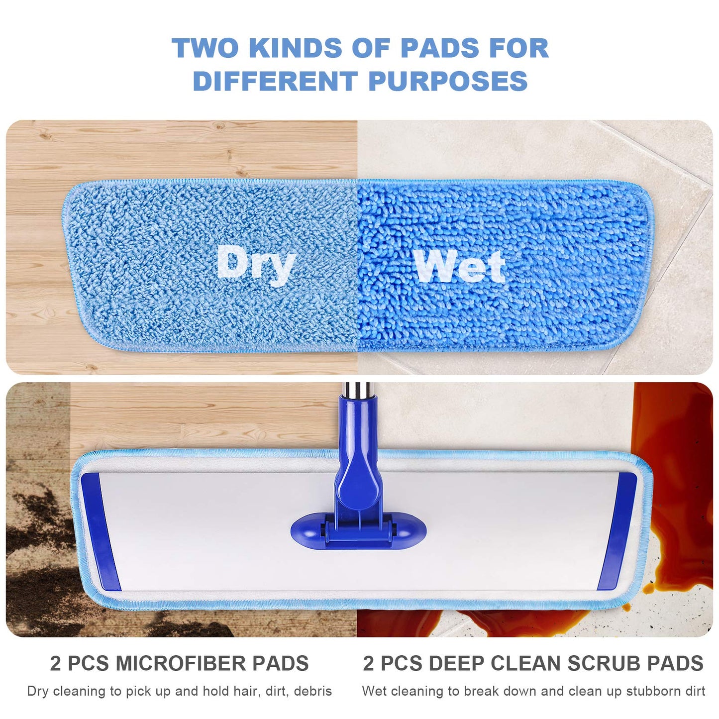 18" Professional Microfiber Mop Floor Cleaning System, 4 Reusable Washable Mop Pads, Wet and Dust Mopping for Hardwood, Vinyl, Laminate, Tile Cleaning