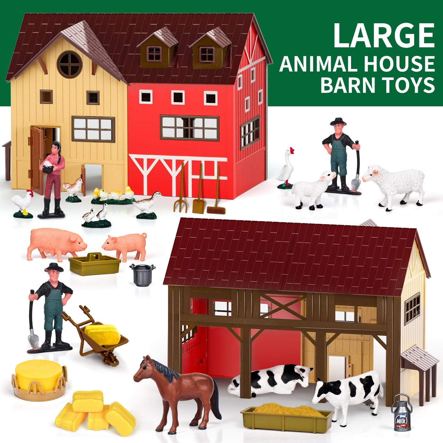 Pupu Pig Farm Animals Barn House Toys - Kids Tractor Toy with Lights & Sound, Horse Stable, Cowshed, Chicken Fence, Animal, Farm Accessories, Easter Birthday Gifts for Boys Toddlers Ages 3+