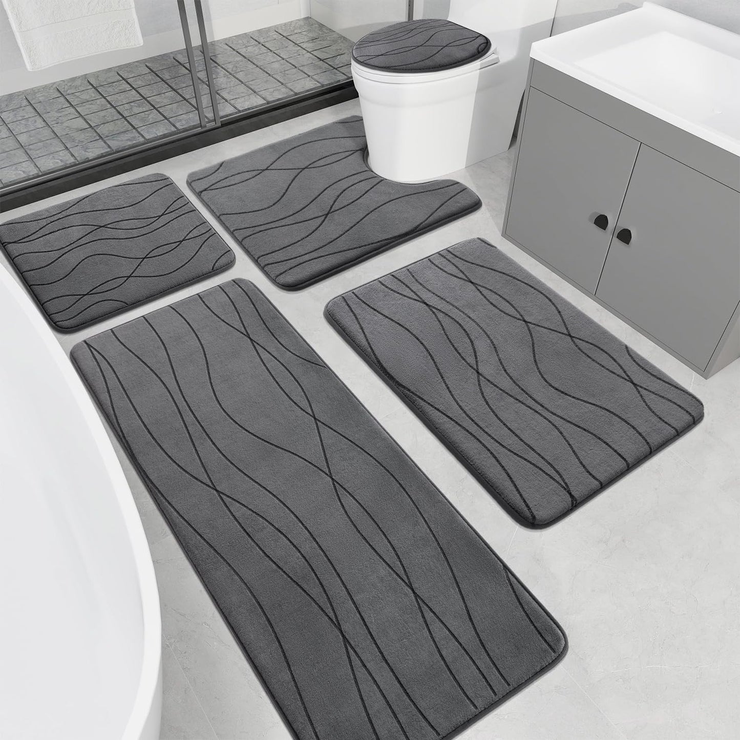 YIHOUSE - Juego de 5 alfombrillas de baño de espuma viscoelástica de color gris, alfombrilla de baño ultraabsorbente para baño, antideslizante, lavable a máquina y de secado rápido, juego de 5 alfombrillas de baño, color gris oscuro