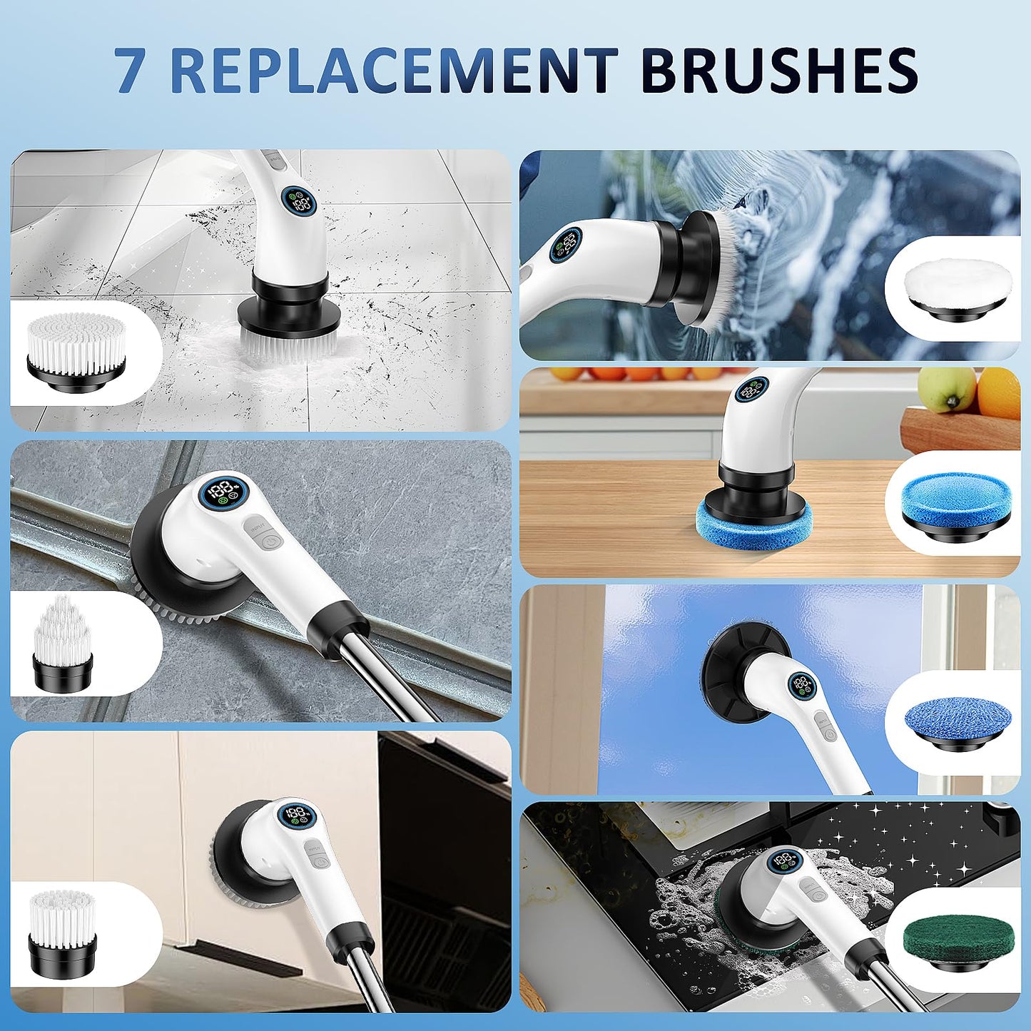 Electric Spin Scrubber, Full-Body IPX7 Waterproof Cordless Power Cleaning Brush with Adjustable Extension Handle, 2-Speed Shower Scrubber with 7 Replaceable Brush Heads for Bathroom, Kitchen Cleaning