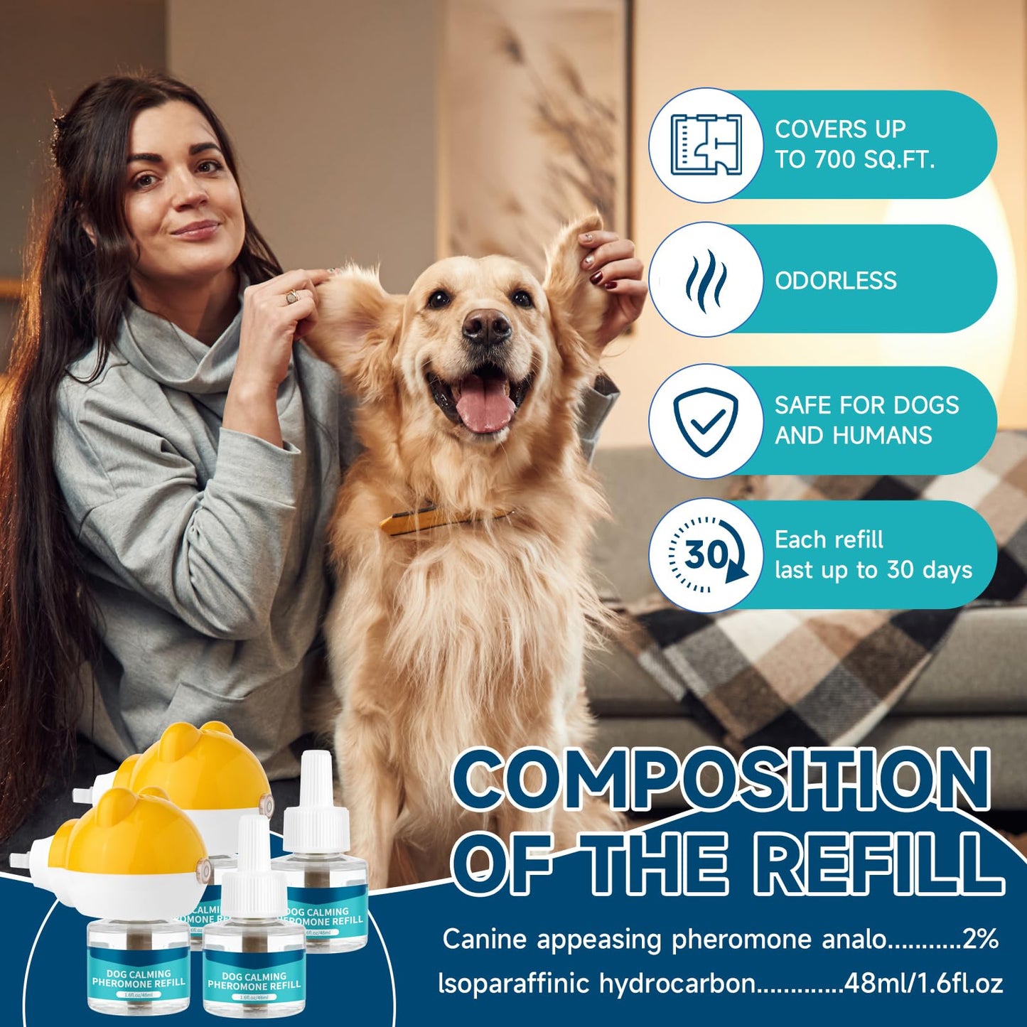 Dog Calming Diffuser, Dog Calming Pheromones Diffuser for Dog, 6-in-1 Calming Plug-in for Dog with 2 Diffuser + 4 Refills