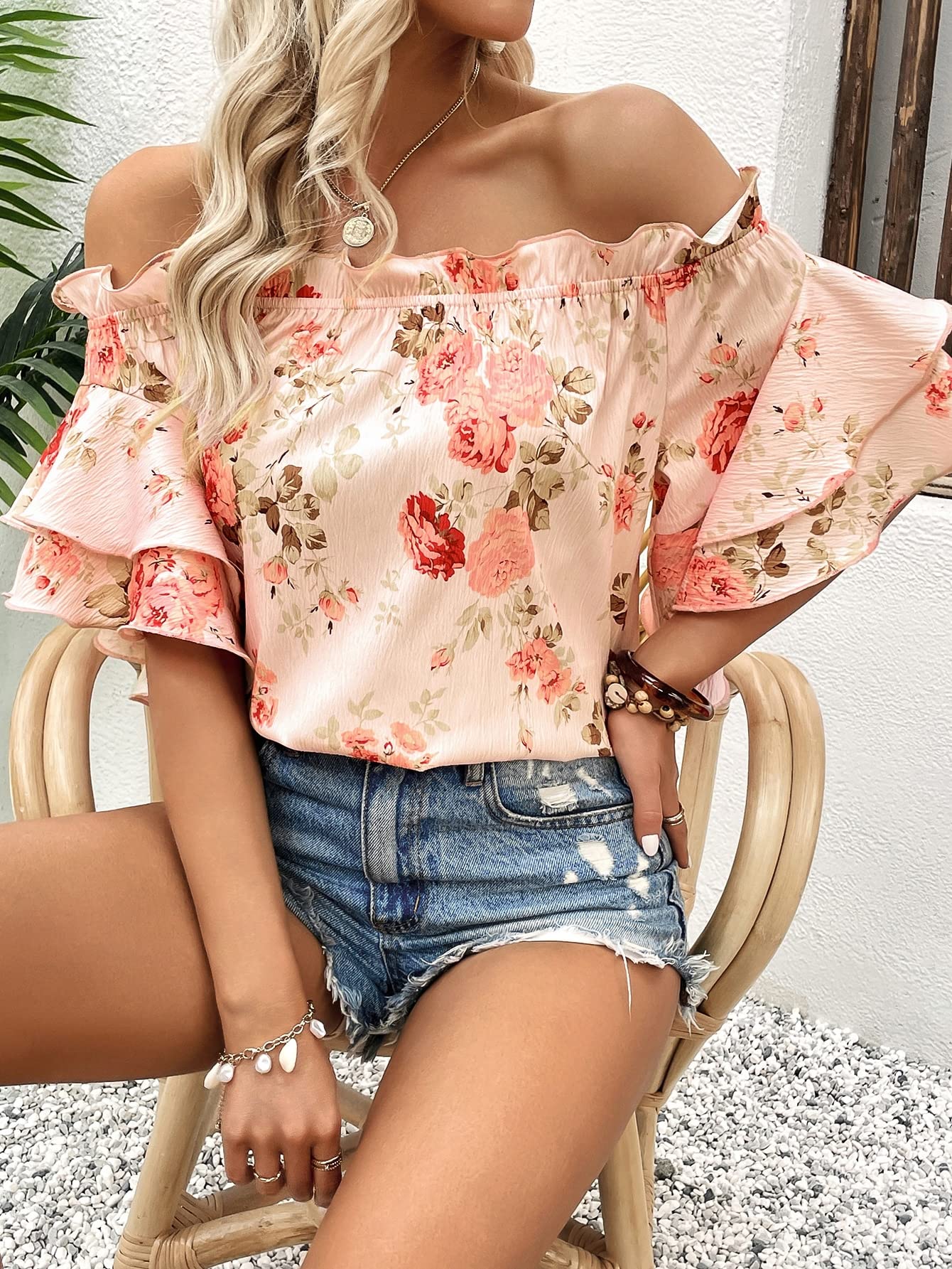 Blusa con estampado floral para mujer de SOLY HUX, hombros descubiertos, ribete con volantes, media manga, blusa de verano, estampado floral rosa mediano