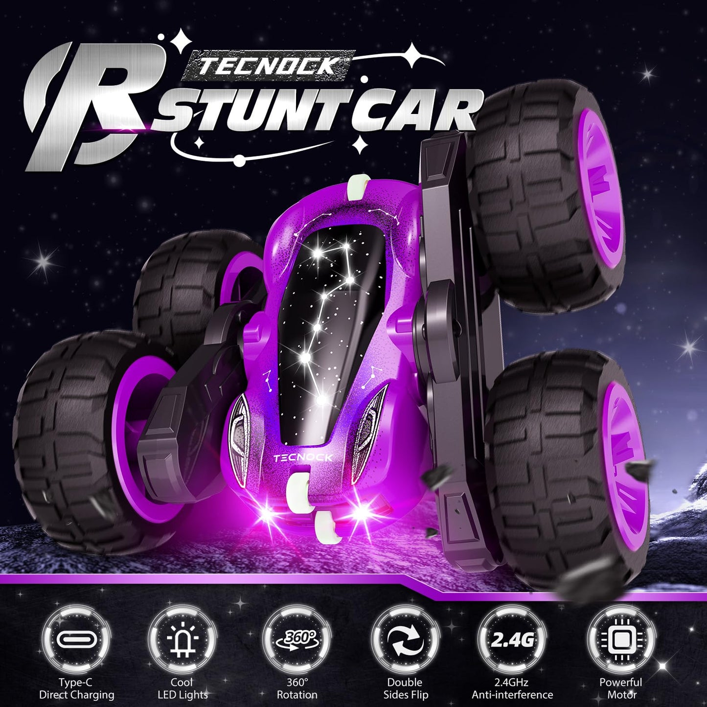 ***Tecnock Remote Control Car for Kids, 2.4GHz RC Car with Type-C Easy Charging, 4WD Double Sided 360° Rotates and Flips RC Stunt Car, Toys Gift for Boys and Girls