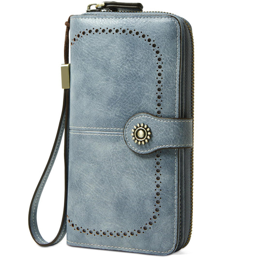 Cartera TFKGS para mujer, con bloqueo RFID, de cuero, de gran capacidad, tarjetero, para teléfono, bolso de mano, de viaje, largo, color azul