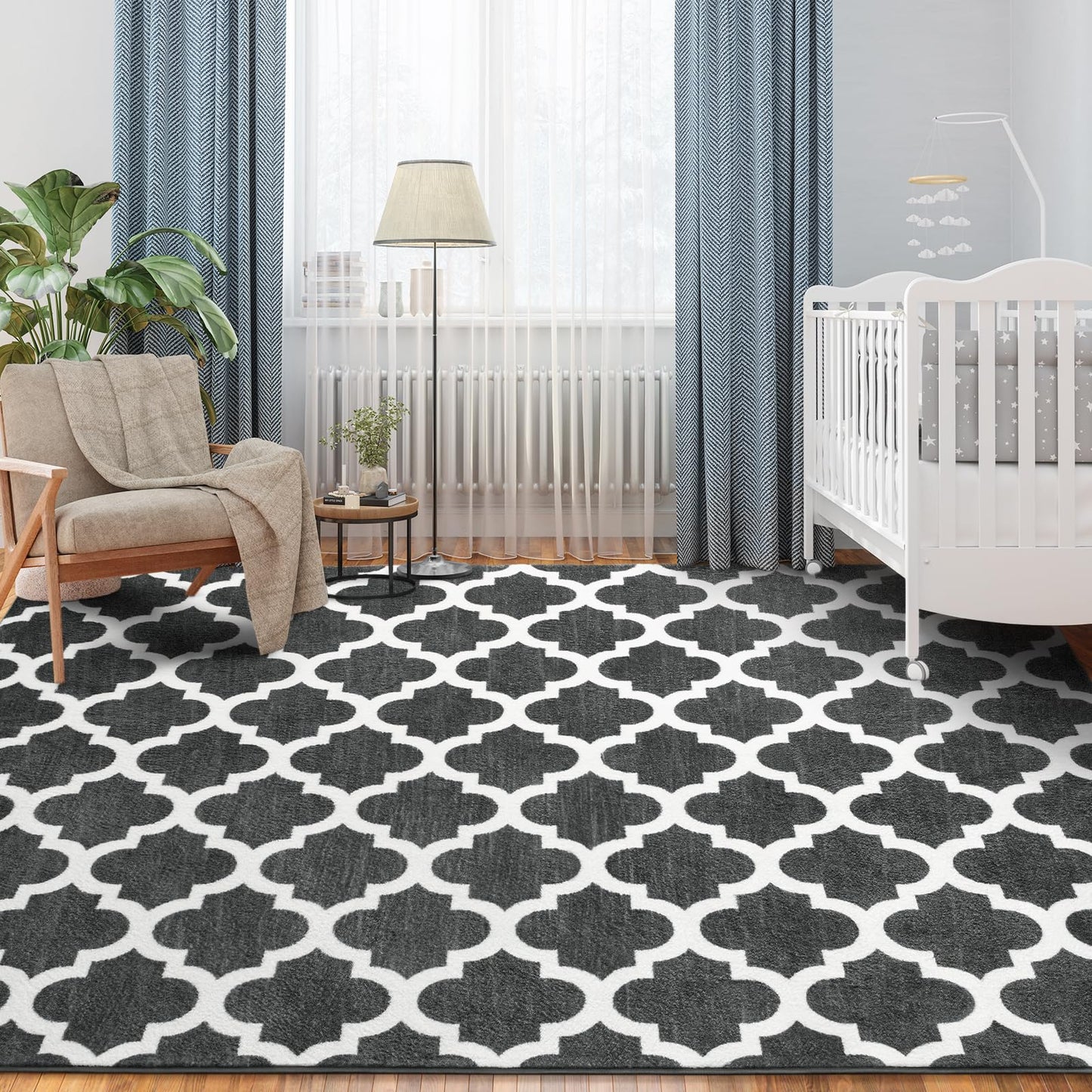 Jelymark Shag Moroccan Area Rug for Living Room, 4x6 Feet Modern Geometric Rug, Fluffy Distressed Faux Wool Floor Carpet, Memory Foam Rug for Bedroom Nursery Kids Room Home Decor, Dark Grey/White