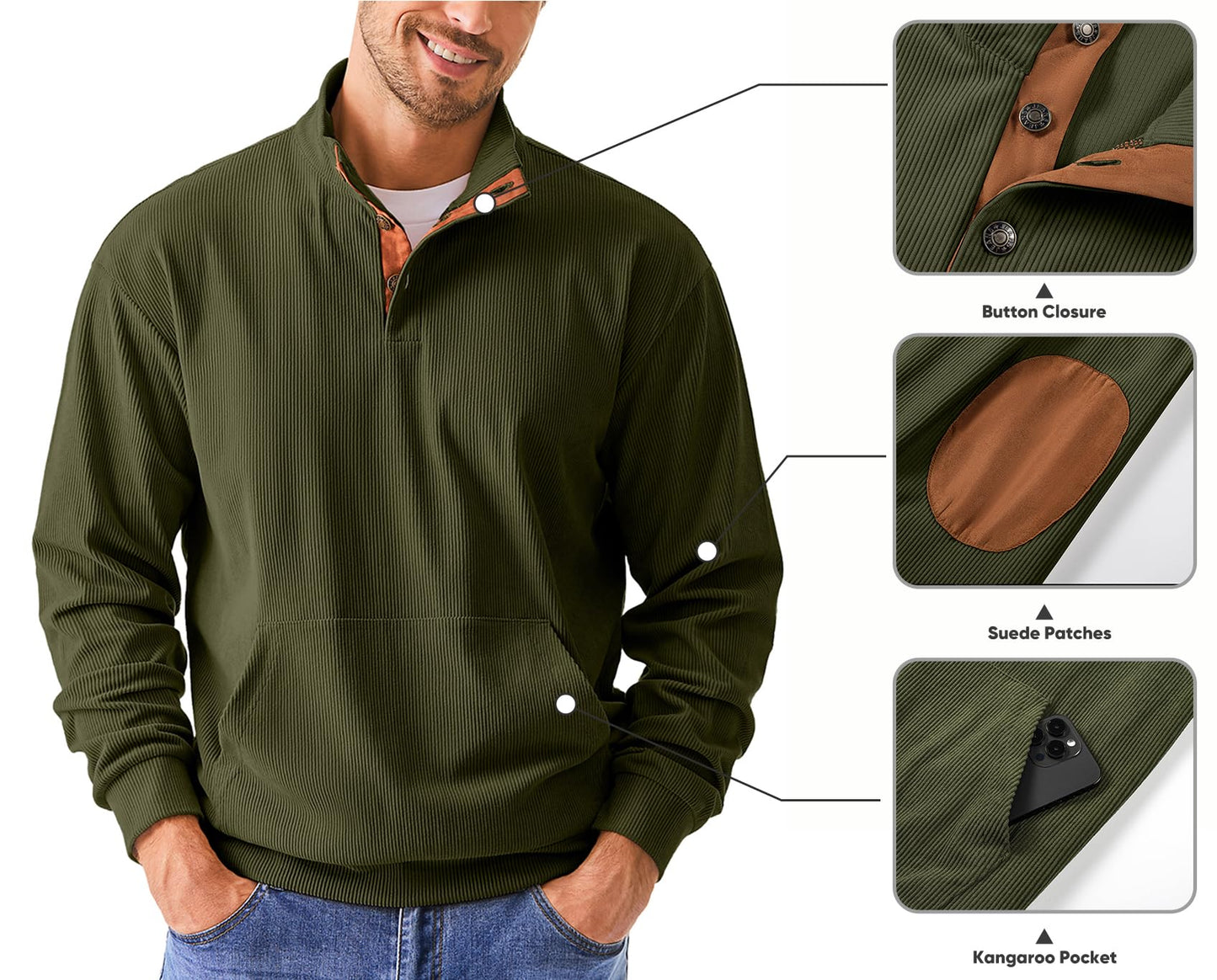 JMIERR Sweatshirts for Men Long Sleeve 1/4 Button Corduroy Collared Pullovers Sweaters Fall Fashion Clothing with Pockets, 2XL, Jungle Green