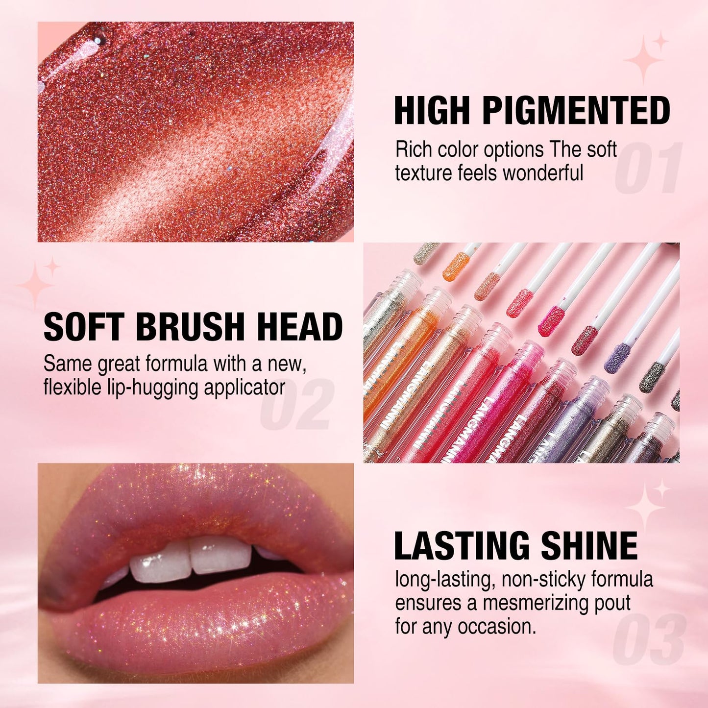 LANGMANNI 10 Colors Diamond Glitter Lip Gloss Set,Long Lasting High Shine Shimmer Liquid Lipstick Set,Hydrating,Moisturizing Lip Gloss Kit Gift Makeup For Girls