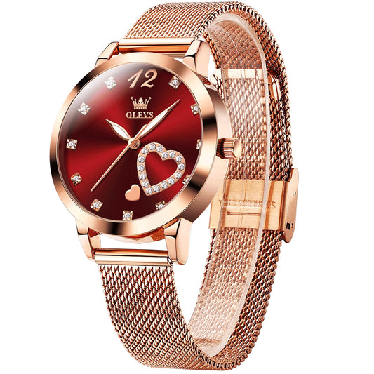 OLEVS Relojes de oro rosa para mujer, relojes de pulsera pequeños con diamantes para mujer, relojes de esfera grande, correa de malla fina de lujo para mujer, relojes analógicos simples con esfera roja para mujer, reloj resistente al agua para mujer