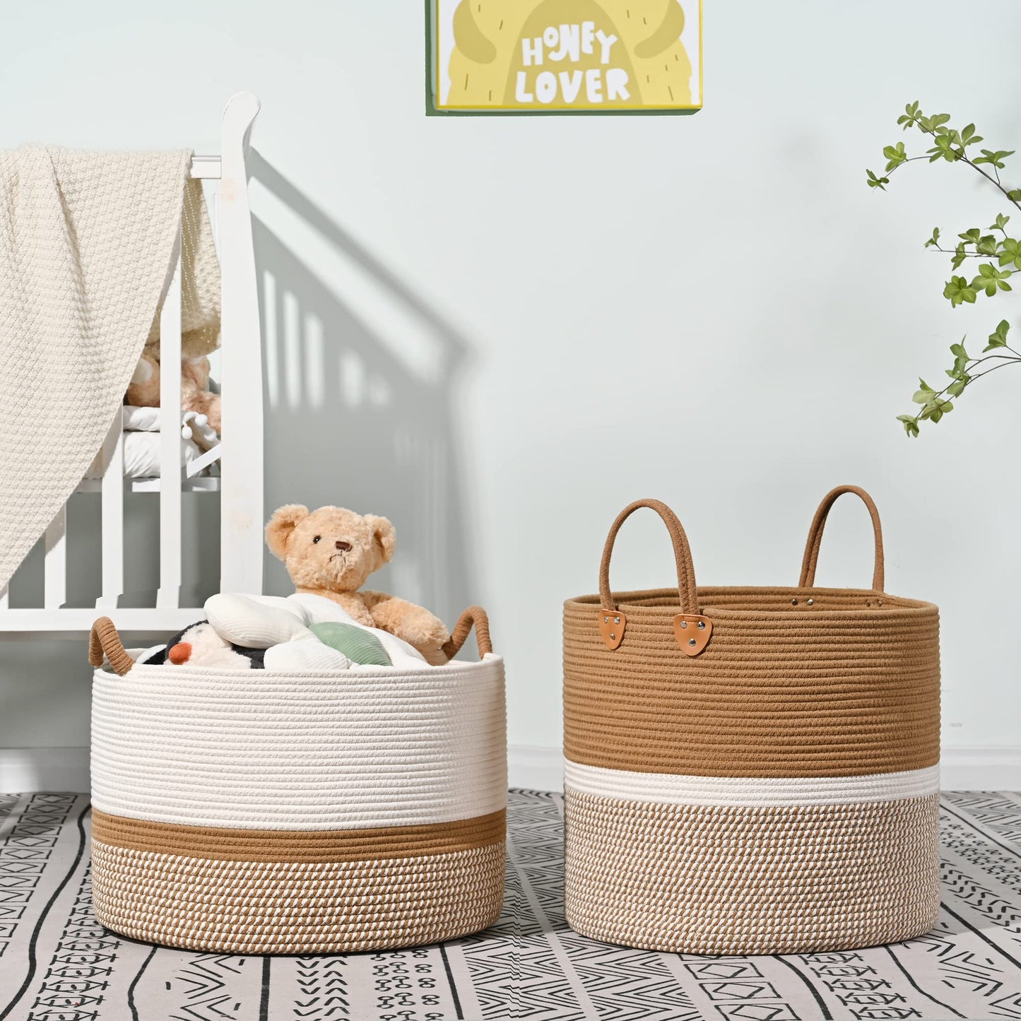 KAKAMAY Large Blanket Basket (20"x13"),Woven Baskets for storage Baby Laundry Hamper, Cotton Rope Blanket Basket for Living Room, Laundry, Nursery, Pillows, Baby Toy chest (White/Brown)