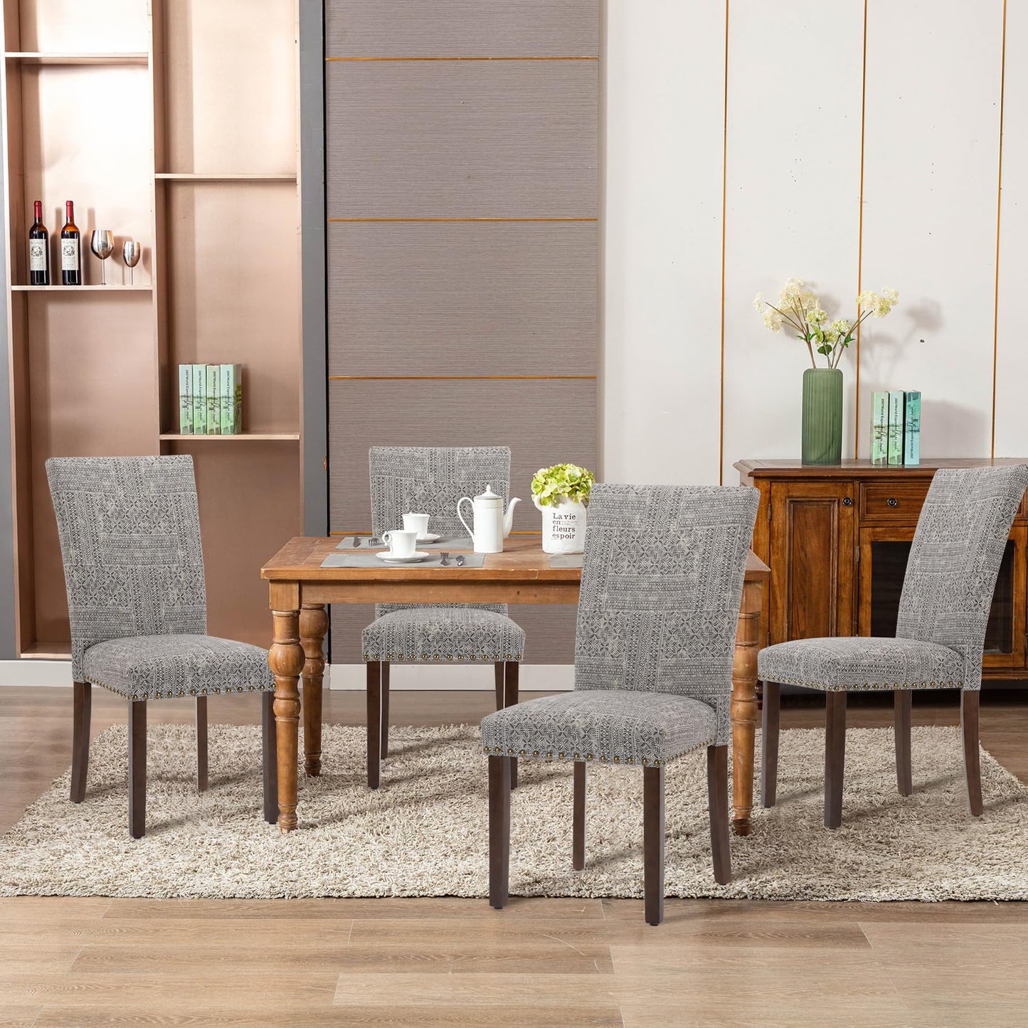 COLAMY Upholstered Parsons Dining Chairs Set of 4, Fabric Dining Room Kitchen Side Chair with Nailhead Trim and Wood Legs - Boho