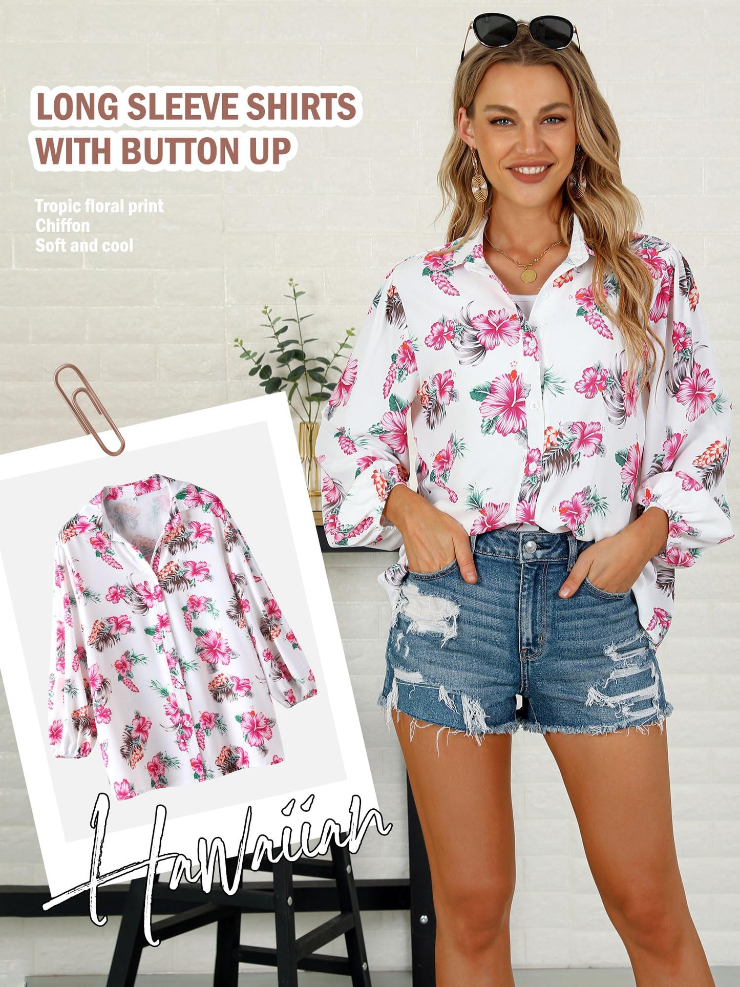 ZXZY Blusa hawaiana con botones y estampado floral suave y elegante para mujer, estilo tropical, color rosa