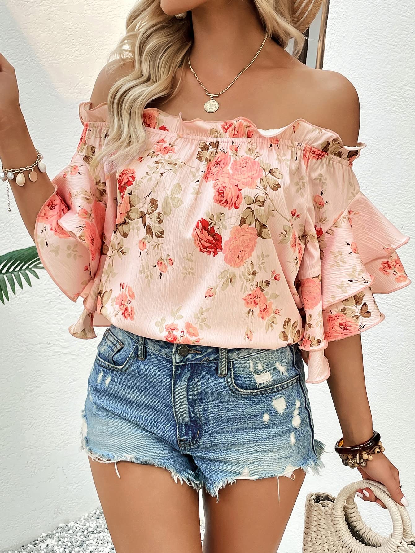 Blusa con estampado floral para mujer de SOLY HUX, hombros descubiertos, ribete con volantes, media manga, blusa de verano, estampado floral rosa mediano