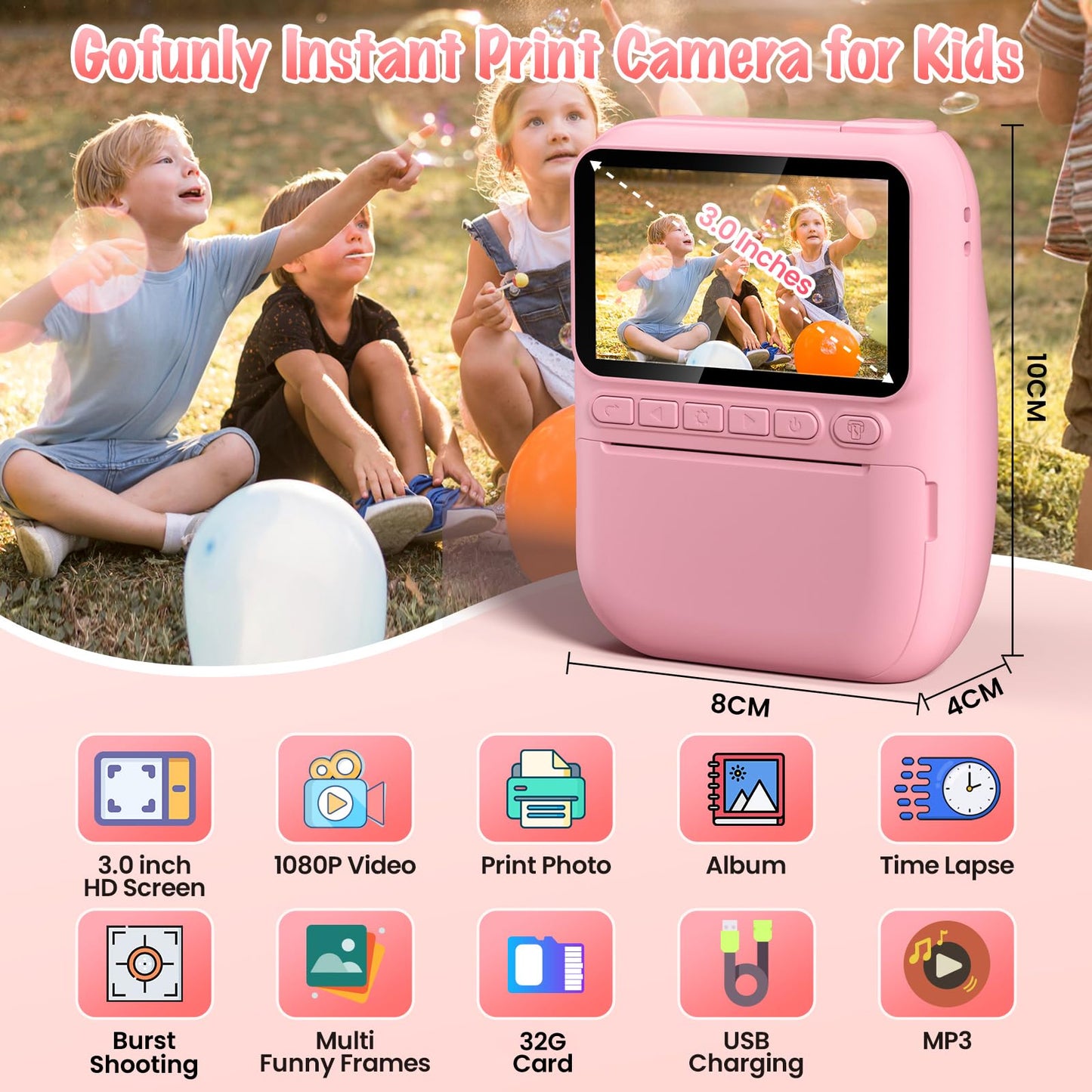 ***Instant Print Camera for Kids, 3.0" HD 32MP Kids Camera 1080P Digital Camera with 3 Rolls of Printer Paper, Toddler Camera Birthday Gifts Toy for 3-12 Year Old Girls Boys with 32GB SD Card-Pink