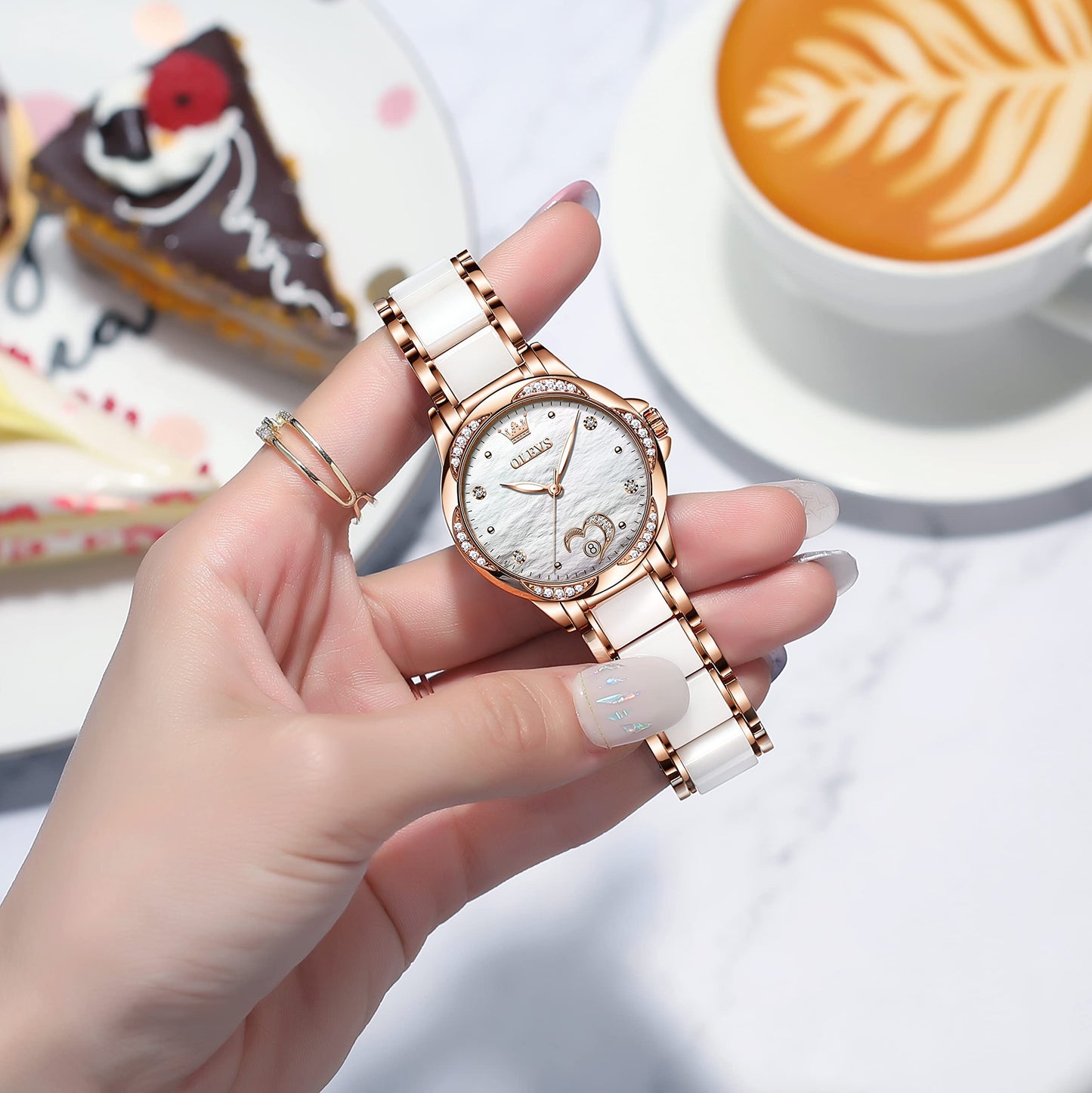 OLEVS Automatic Self Winding Watch for Women Rose Gold Stainless Steel Ceramic Women Wrist Watches Large Face White Heart Diamond Mother of Pearl Waterproof Date Ladies Watch for Women Two Tone