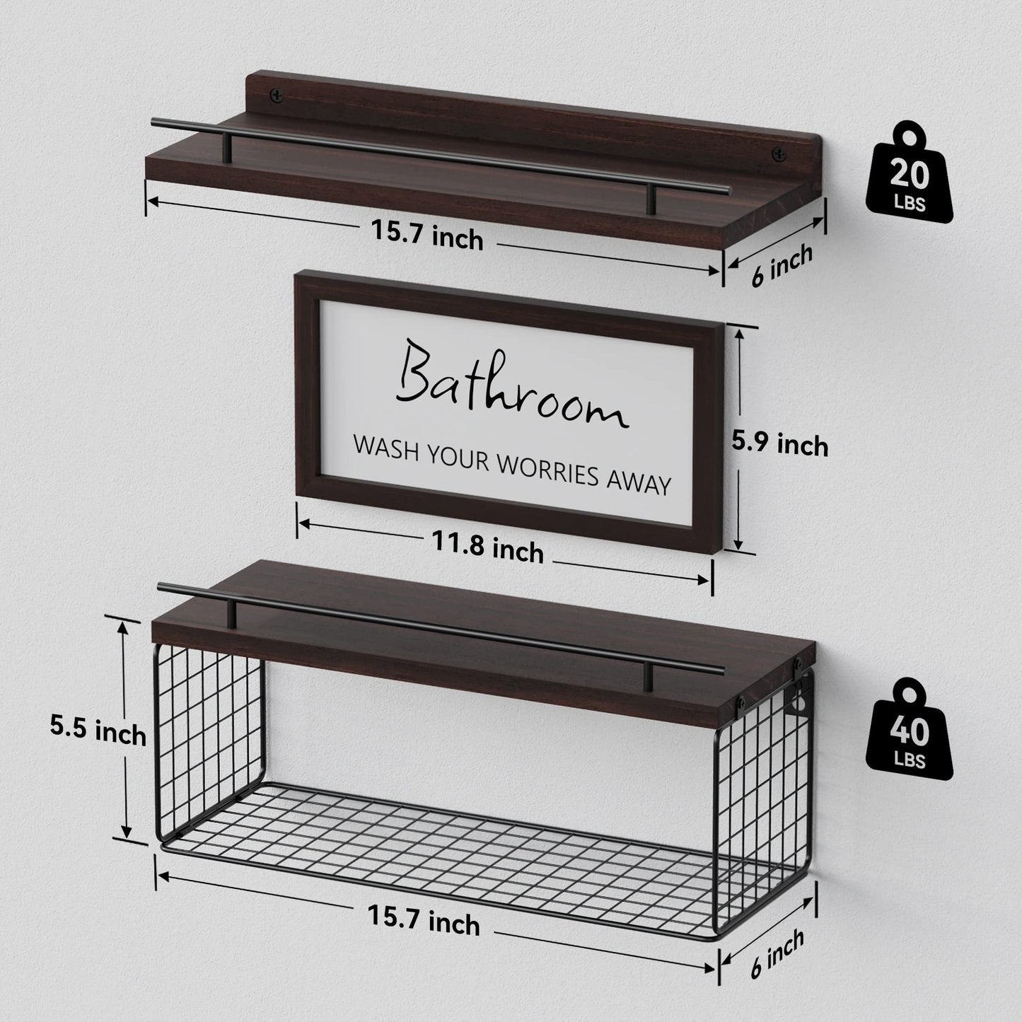 Estantes flotantes WOPITUES con letrero decorativo para pared de baño, estante para baño sobre inodoro con canasta de almacenamiento, juego de 3, estante con barandilla, marrón rústico