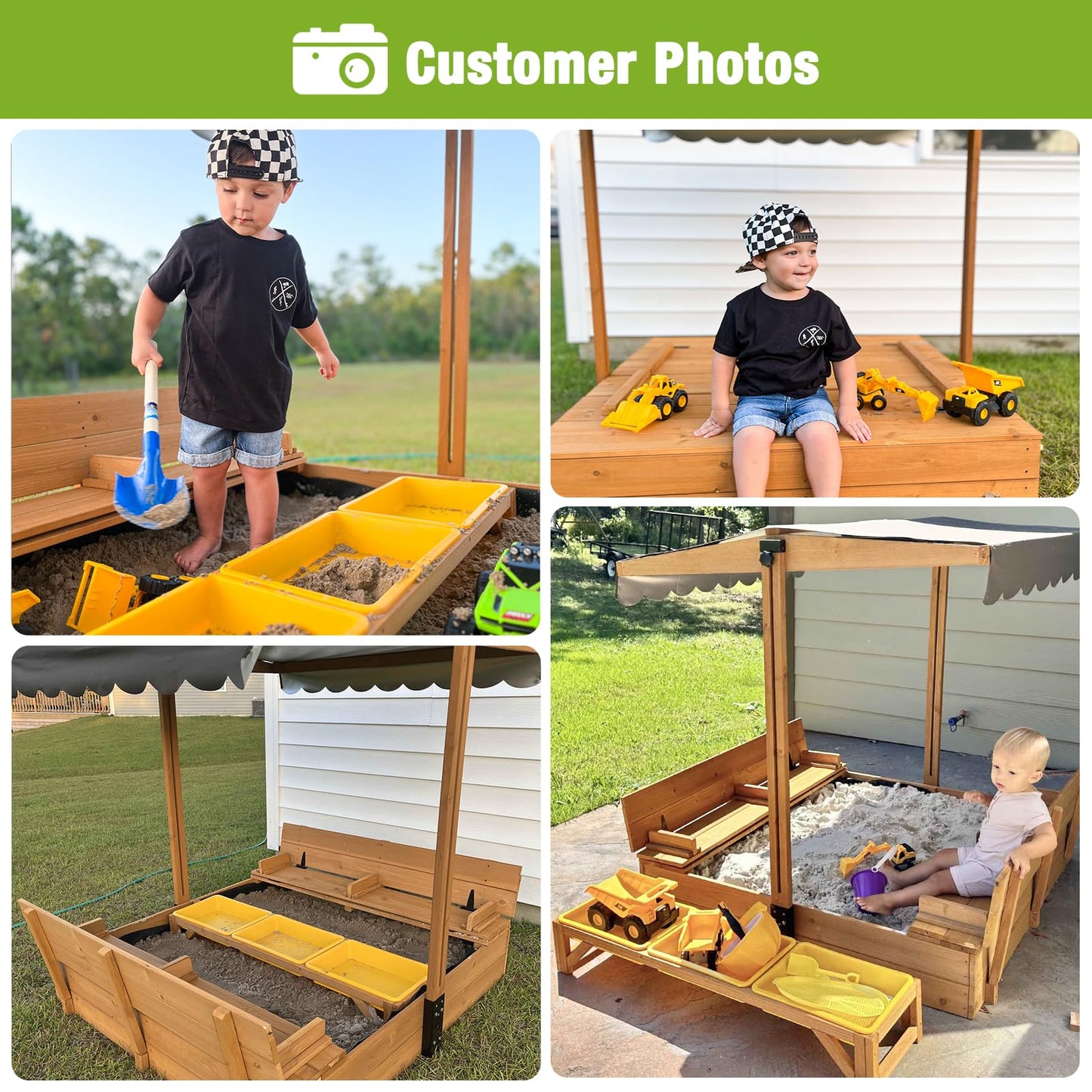 GUTINNEEN Wooden Sandbox Backyard Sand Box with Cover, Outdoor Sandbox for Kids with 3 Toy Bins