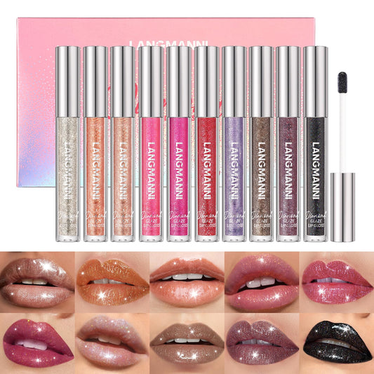 LANGMANNI 10 Colors Diamond Glitter Lip Gloss Set,Long Lasting High Shine Shimmer Liquid Lipstick Set,Hydrating,Moisturizing Lip Gloss Kit Gift Makeup For Girls