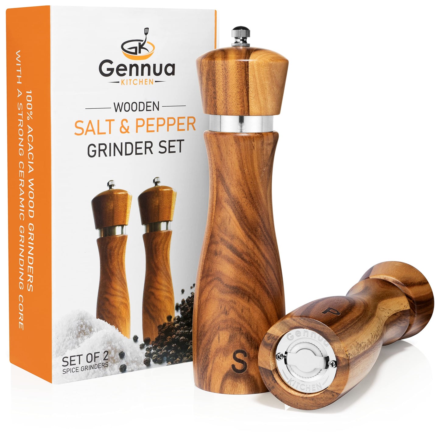 Juego de molinillos de sal y pimienta de madera Gennua Kitchen: molinillos de sal y pimienta recargables que se ajustan a un grosor personalizado, fabricados con madera de acacia maciza con núcleo de acero inoxidable y cerámica, 8 pulgadas cada uno