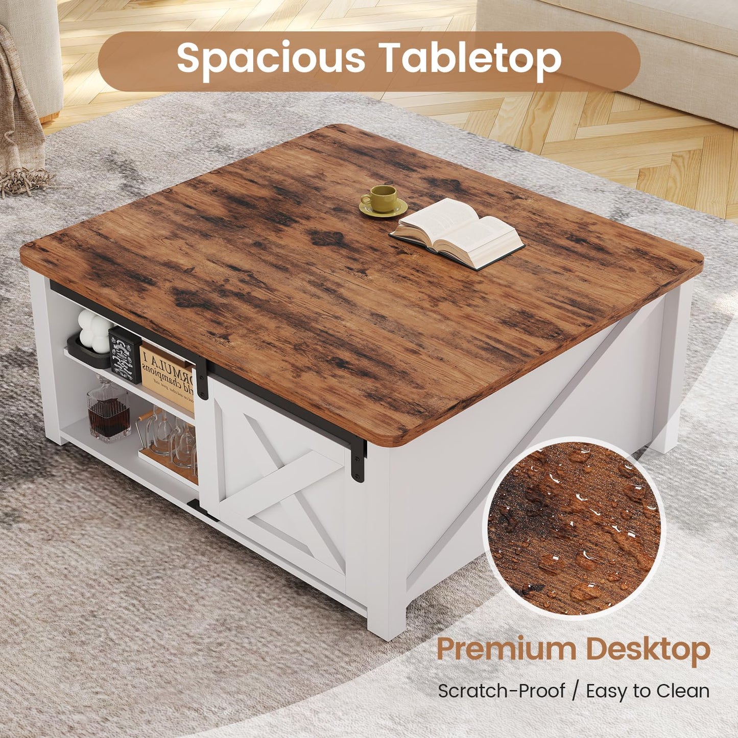 SEDETA Mesa de centro elevable de 31,5" con espacio de almacenamiento, mesa de centro cuadrada para sala de estar, mesa de centro estilo granja con compartimento de almacenamiento oculto grande y estantes ajustables, color blanco