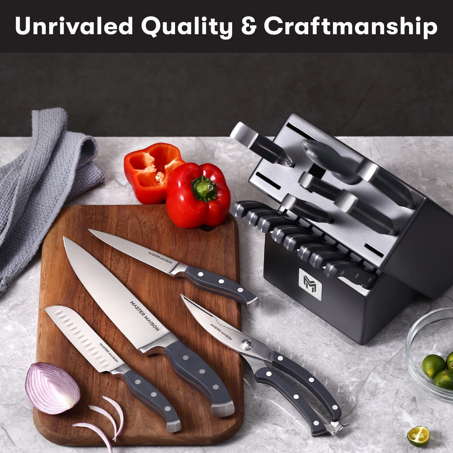 Master Maison 19-Piece Premium Kitchen Knife Set with Wooden Block and Knife Sharpener - German Stainless Steel Cutlery (Gray)