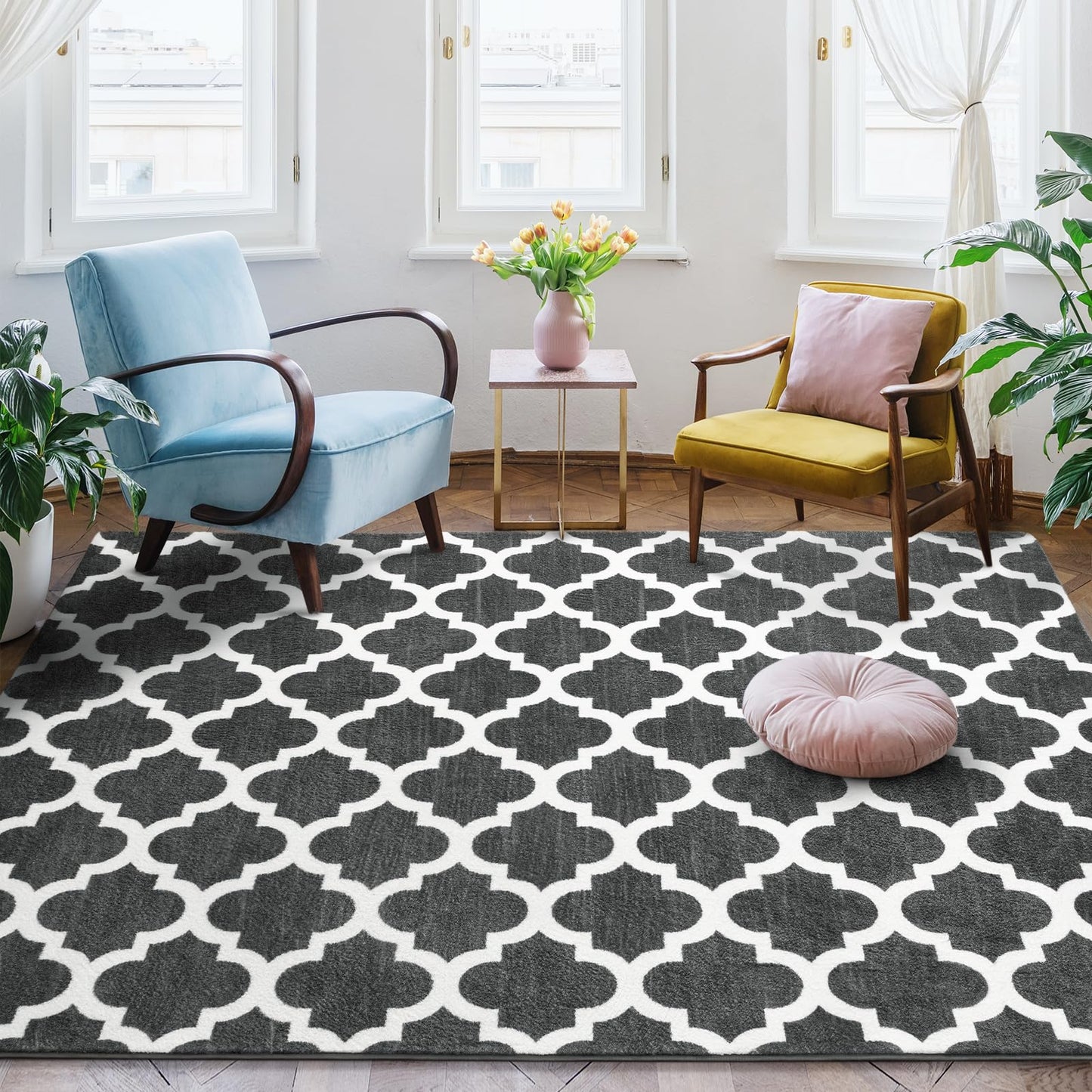 Jelymark Shag Moroccan Area Rug for Living Room, 4x6 Feet Modern Geometric Rug, Fluffy Distressed Faux Wool Floor Carpet, Memory Foam Rug for Bedroom Nursery Kids Room Home Decor, Dark Grey/White