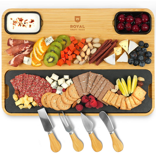 ROYAL CRAFT WOOD Extra Large Bamboo Cheese Board and Knife Set - With Slate Plate and Sauce Bowls