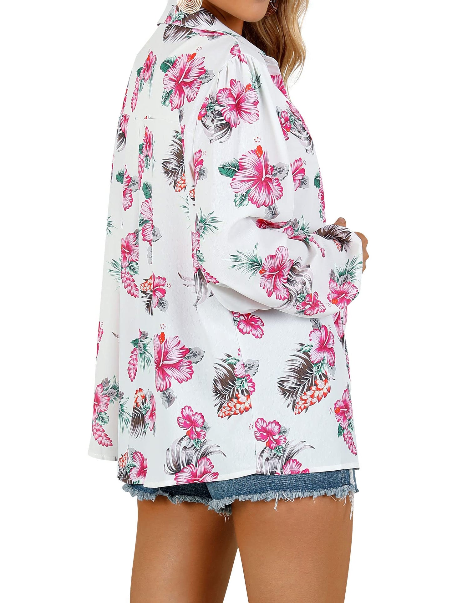 ZXZY Blusa hawaiana con botones y estampado floral suave y elegante para mujer, estilo tropical, color rosa