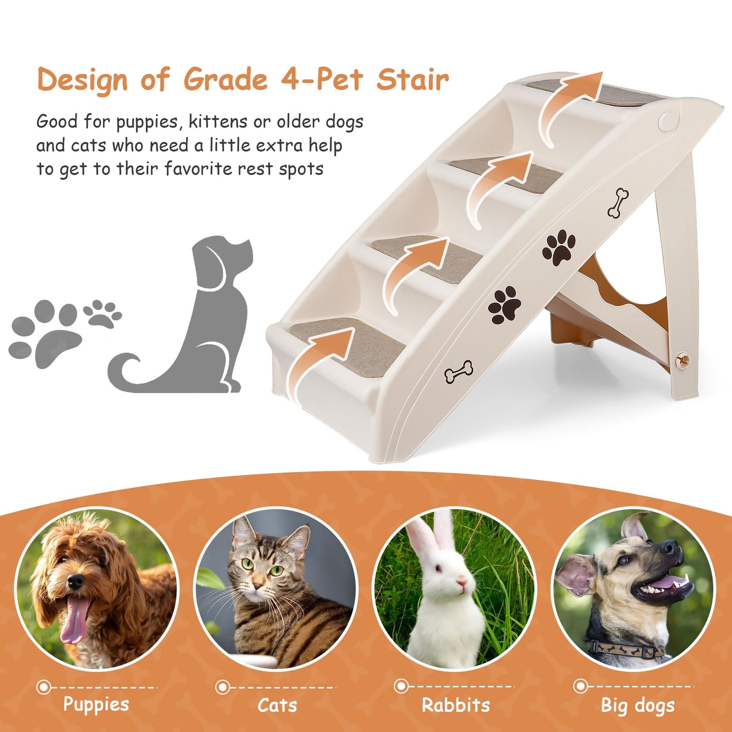 Pet Dog Stairs Foldable Nonslip Dog Steps for Small Pet Dogs Cats at Home and Vehicle Dog Ramp Ladder for High Beds Sofa (Tan)