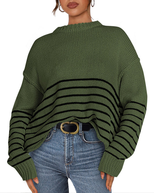 ***KIRUNDO Womens Fall Fashion Striped Sweater Casual Drop Shoulder Long Sleeve Crewneck Loose Knit Pullover Winter Tops(Army Green, X-Large)