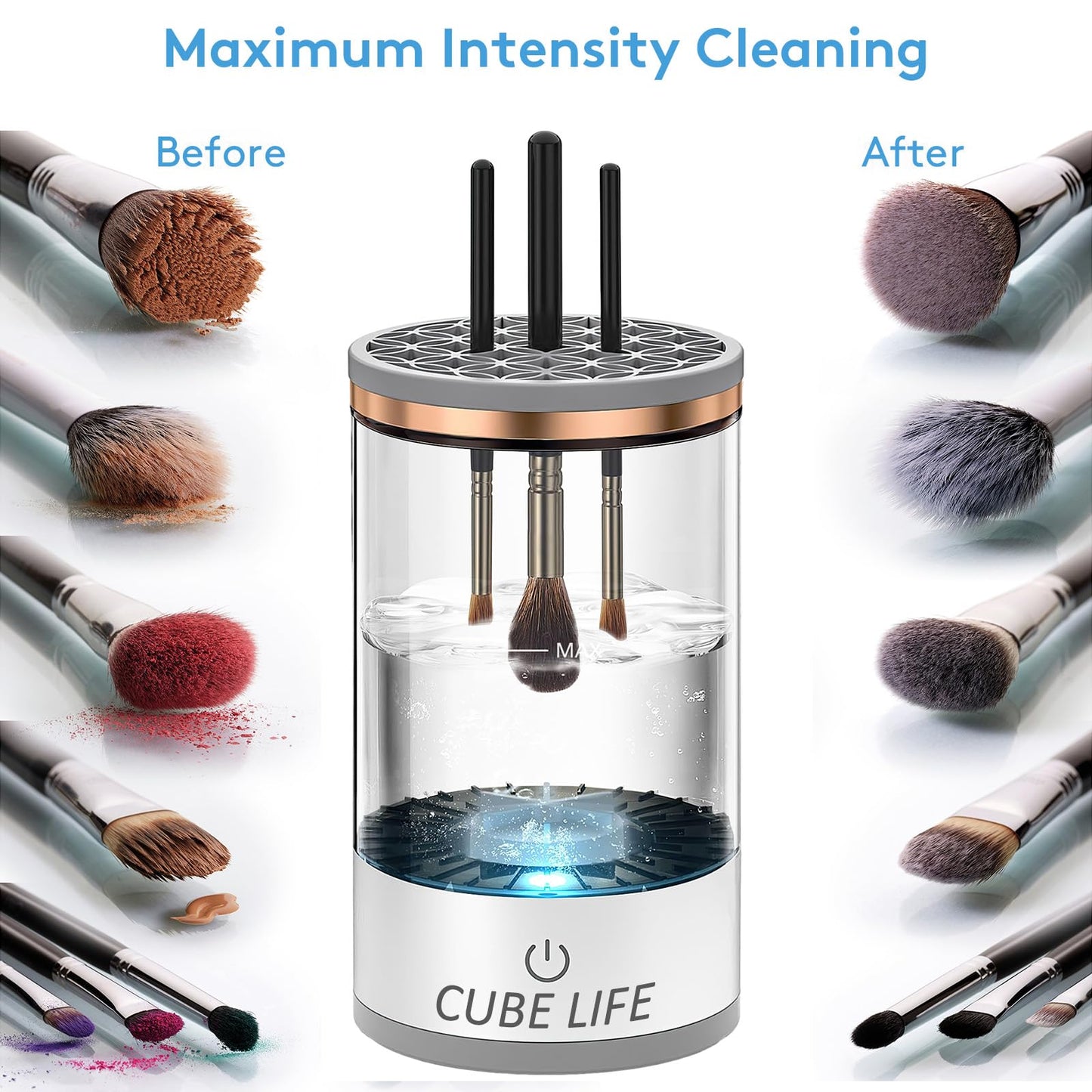 CUBE LIFE Electric Makeup Brush Cleaner, Updated Automatic Spinning Makeup Brush Cleaner, 1200mAh Cosmetic Brush Cleaner For All Type Makeup Brushes, Makeup Brush Cleaner Machine with Brush Clean Mat