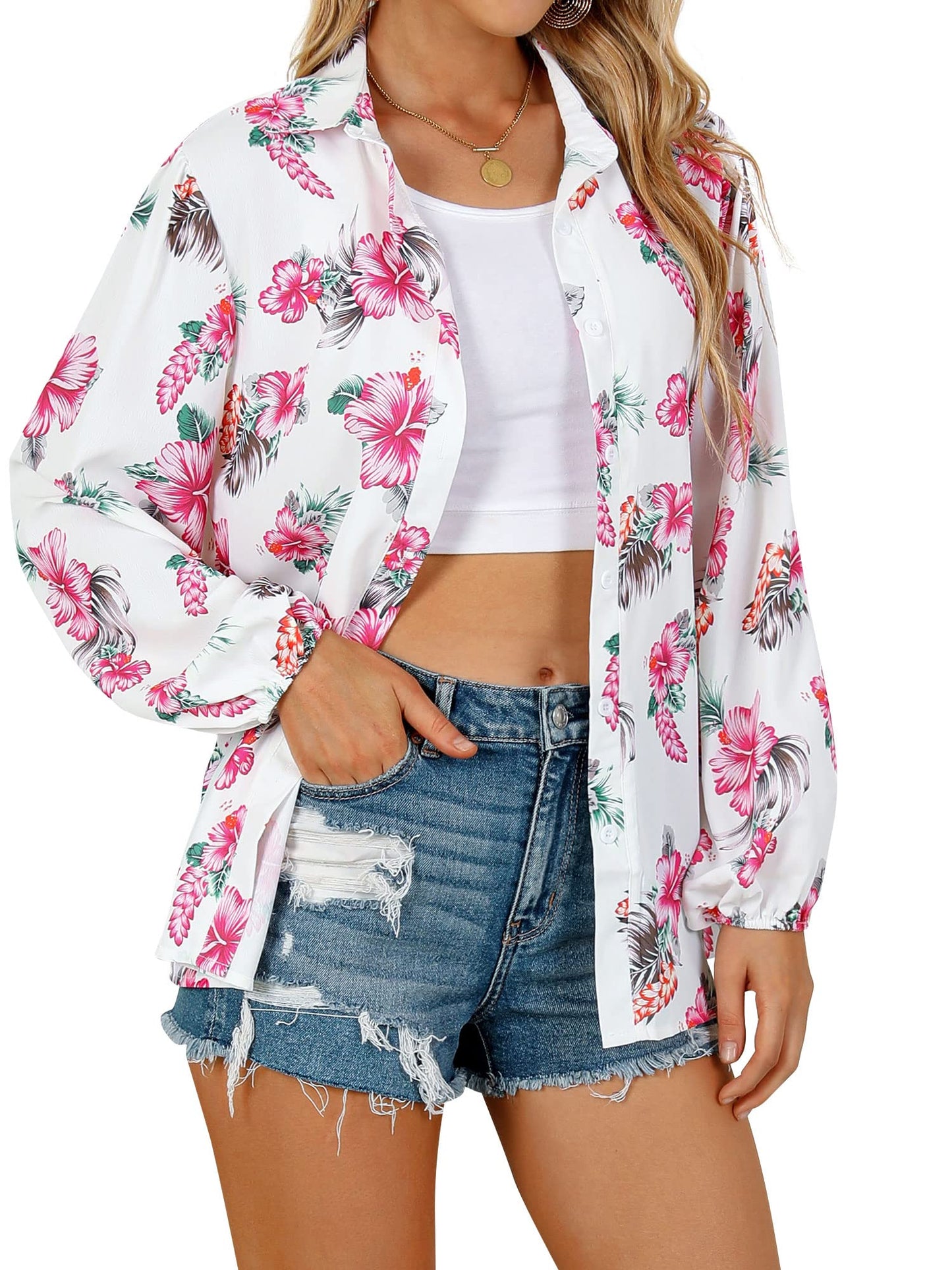 ZXZY Blusa hawaiana con botones y estampado floral suave y elegante para mujer, estilo tropical, color rosa