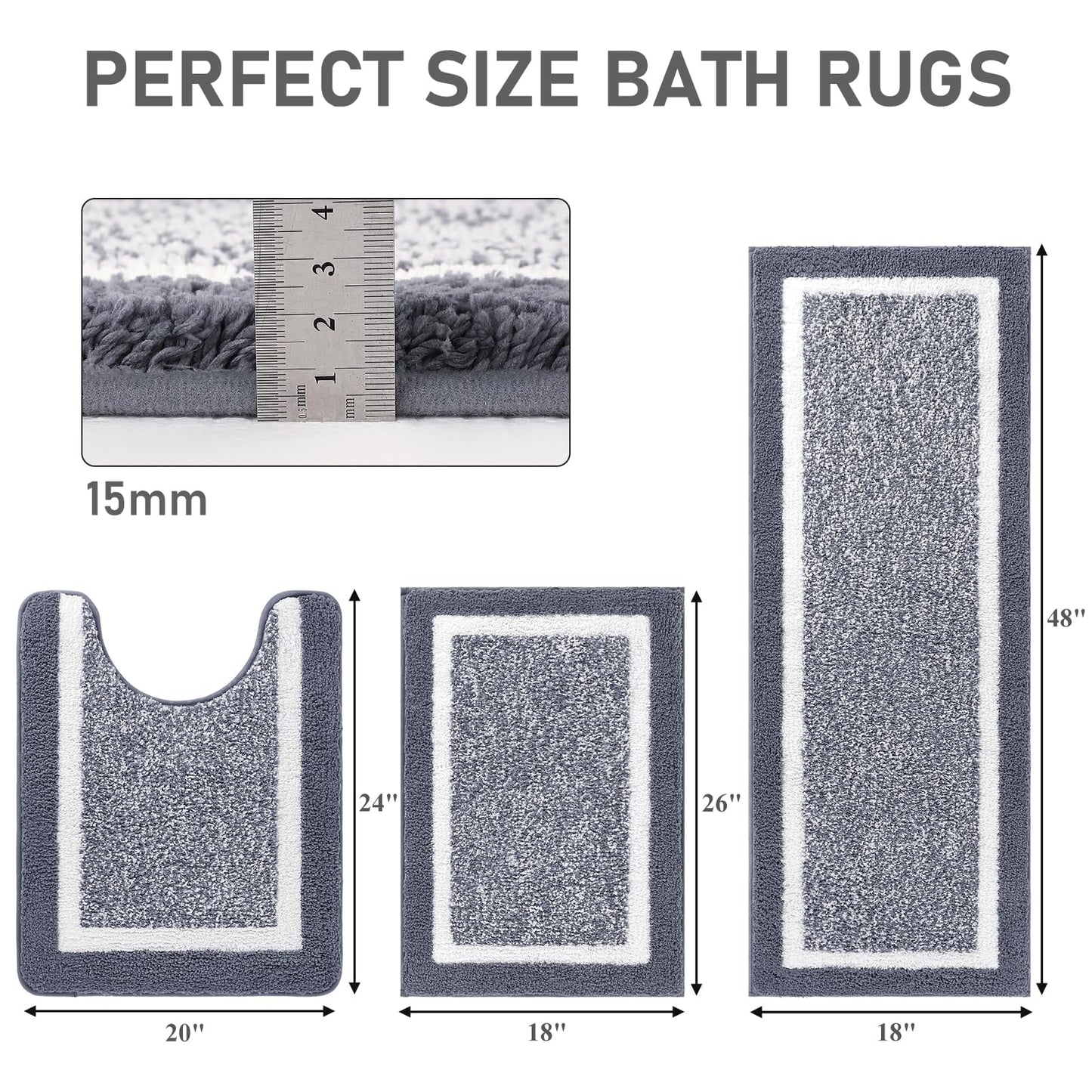 Pauwer Bathroom Rug Mat Set 3 Piece, Microfiber Shaggy Bath Set, Non-Slip Ultra Soft Carpet Mats, Absorbent with U-Shaped Toilet for Bathroom, Tub, Shower, Dark Grey