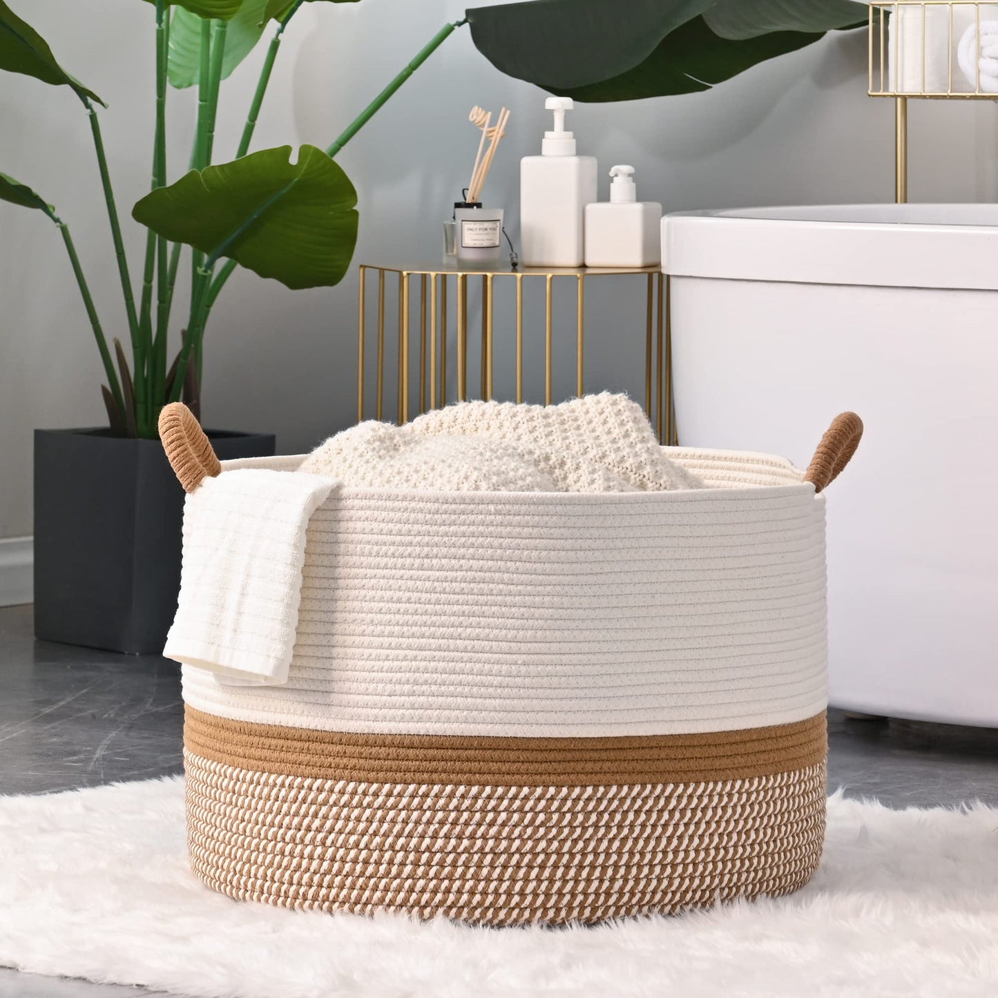 KAKAMAY Large Blanket Basket (20"x13"),Woven Baskets for storage Baby Laundry Hamper, Cotton Rope Blanket Basket for Living Room, Laundry, Nursery, Pillows, Baby Toy chest (White/Brown)