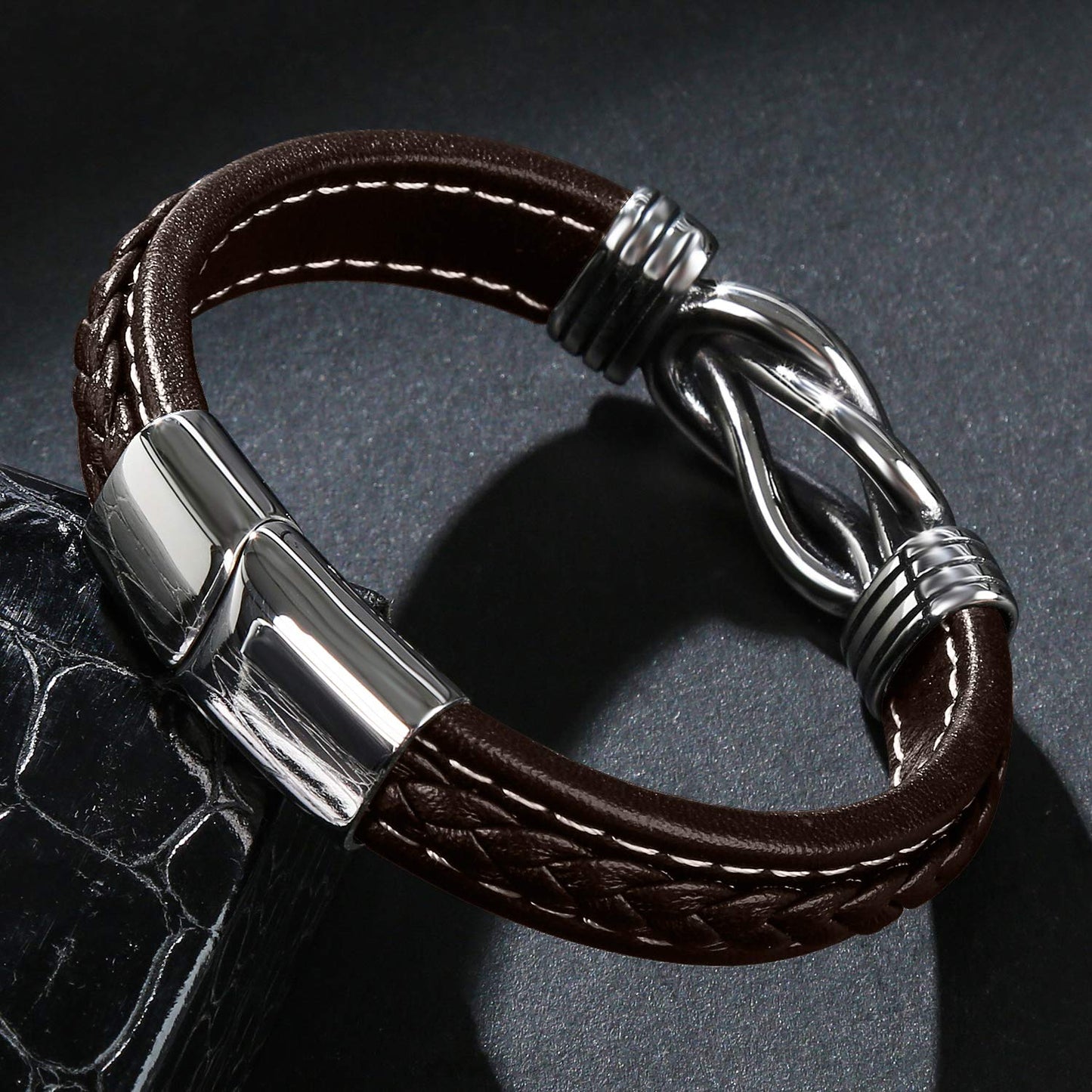 Pulsera de cuero genuino LJWVX para hombres, pulseras tipo brazalete, cierre de acero inoxidable, 8,0 a 8,5 pulgadas