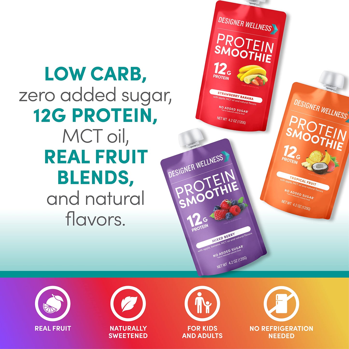 Designer Wellness Protein Smoothie, Real Fruit, 12g Protein, Low Carb, Zero Added Sugar, Gluten-Free, Non-GMO, No Artificial Colors or Flavors, Variety Pack, 12 Count