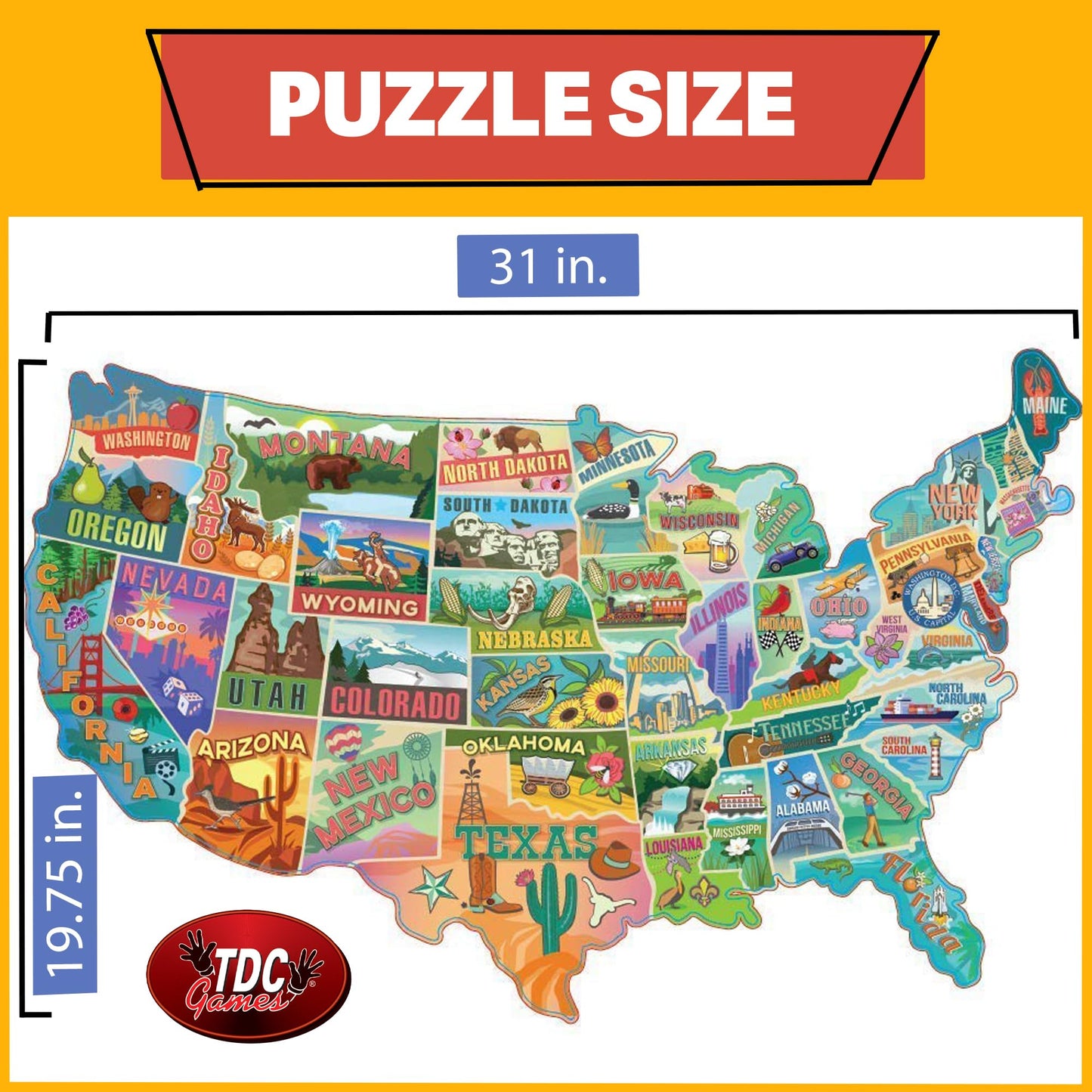 TDC Games US Map Puzzle Great American Roadtrip with Individual States, 1000 Piece Jigsaw Puzzle for Kids and Adults, Large America Shaped Educational Puzzle, Challenging Puzzle Map of USA