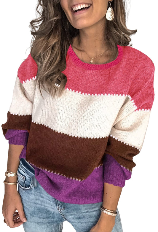 ***Angashion Women's Sweaters Casual Long Sleeve Crewneck Color Block Patchwork Pullover Knit Sweater Tops Pink Small